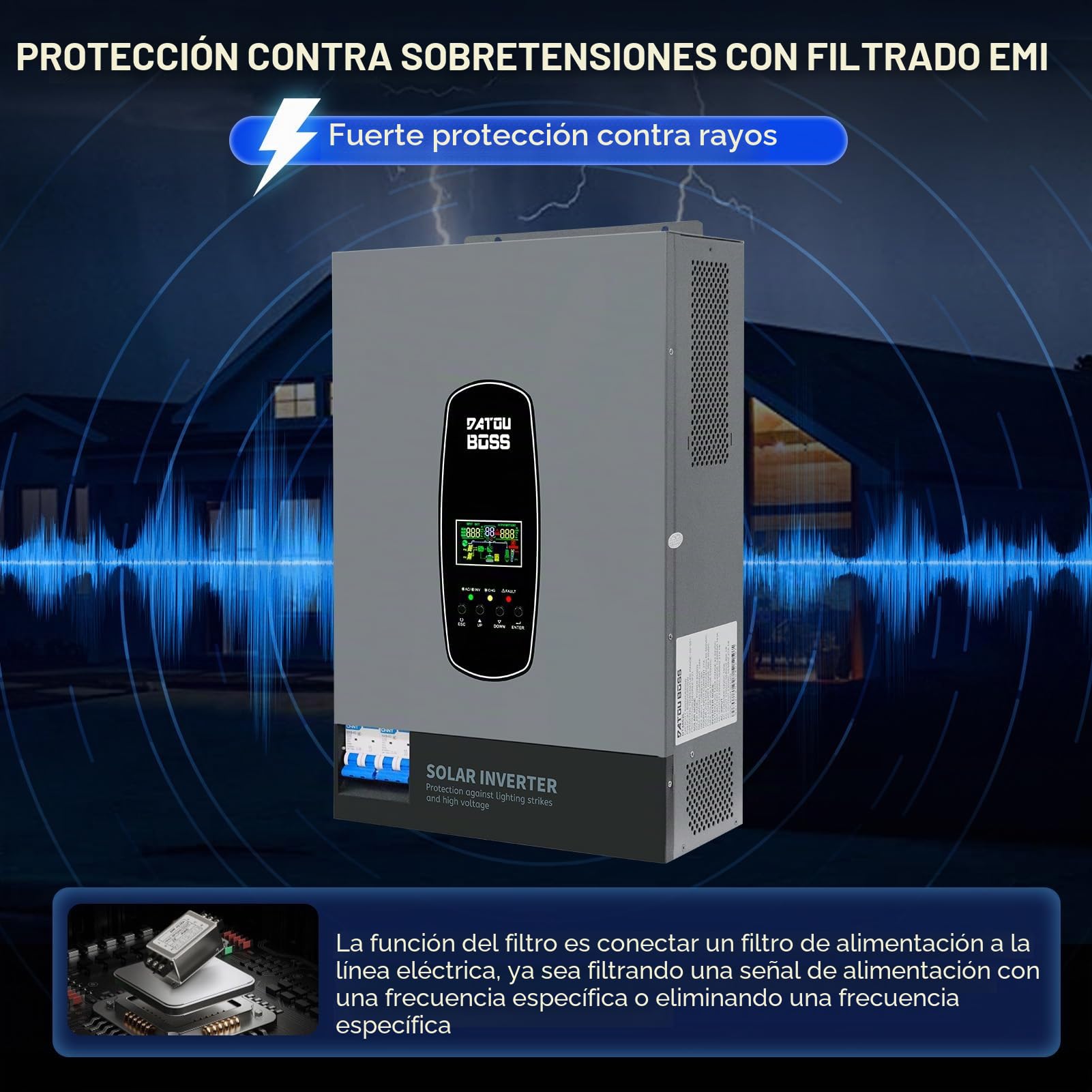 DATOUBOSS Inversor de Corriente Solar híbrido de 6000W,48V CC a 230V CA, inversor de Onda sinusoica Pura,120 A MPPT,Entrada fotovoltaica de 8000W,IP54 y admite Varias Unidades en Paralelo