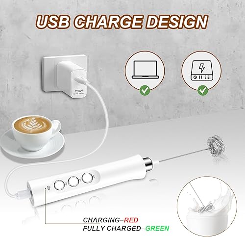 Miniatura 5 de Espumador de leche eléctrico de mano con 3 batidores, espumador recargable por USB, máquina de espuma ajustable de 3 velocidades, mezclador de