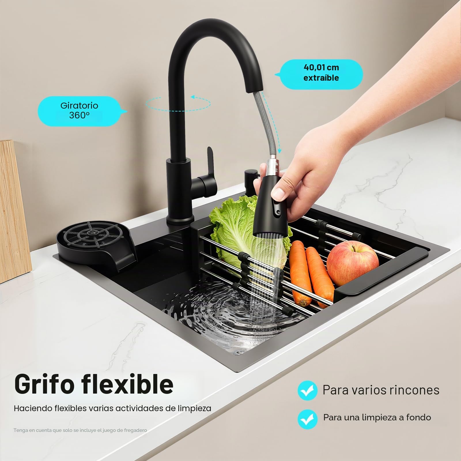 Fregadero empotrable acero inoxidable 50x45 cm negro con grifo dispensador jabón escurridor