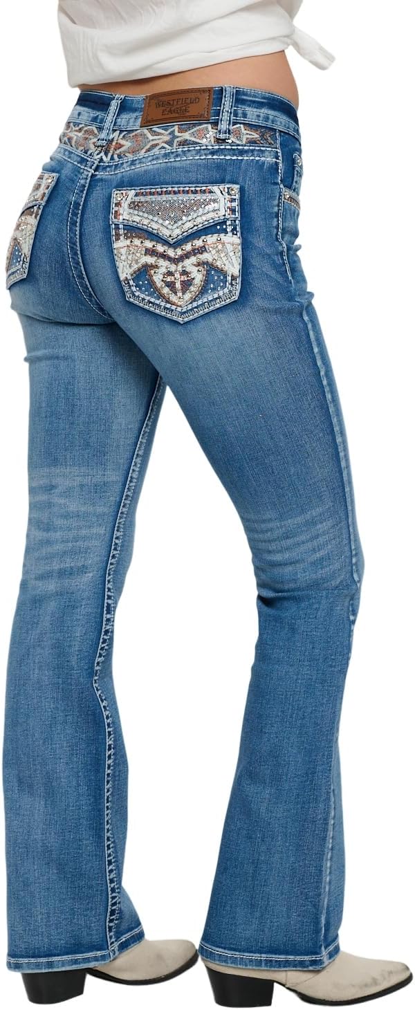 High Waisted-Rise Embroidered Feather Flare Jeans - Curvy Stretchy Bootcut Denim for Women