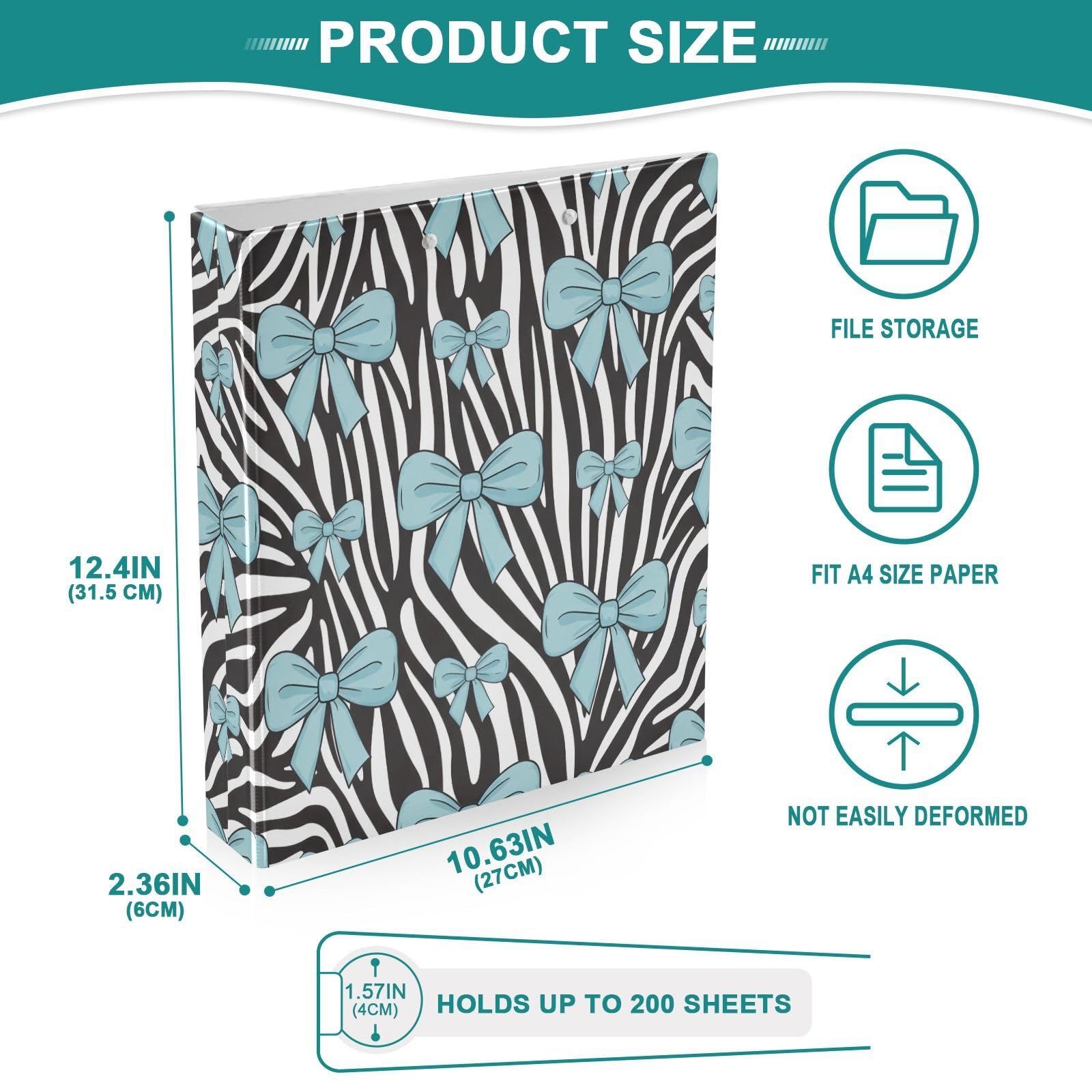 Raccoglitori a 3 anelli, 3,8 cm, con fiocchi azzurri, motivo zebrato, decorativo, rotondo, con clip in metallo, formato A4, organizer per casa e ufficio, confezione da 2