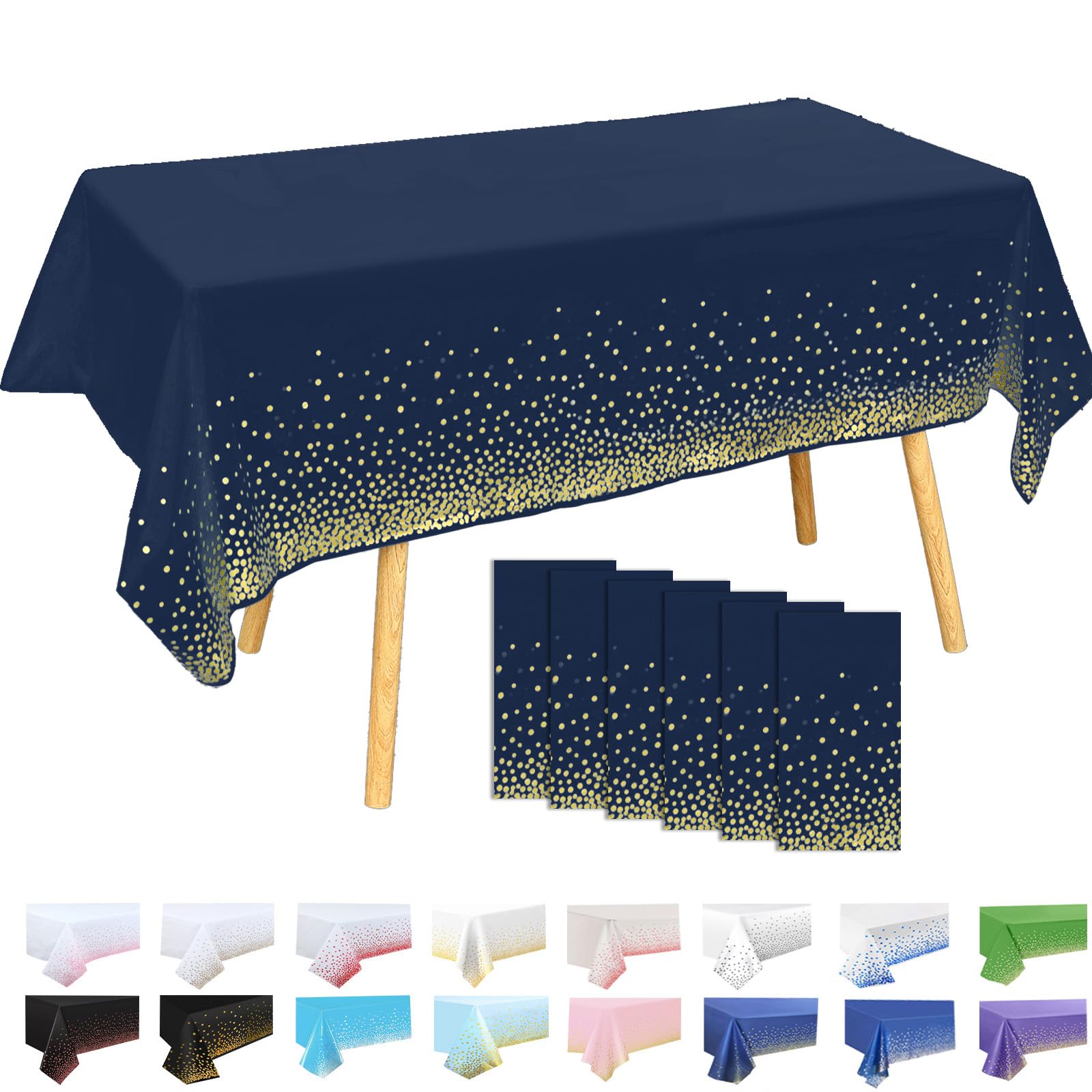 Tovaglia rettangolare a pois 137 x 274 cm blu navy e argento per esterni 6 pezzi