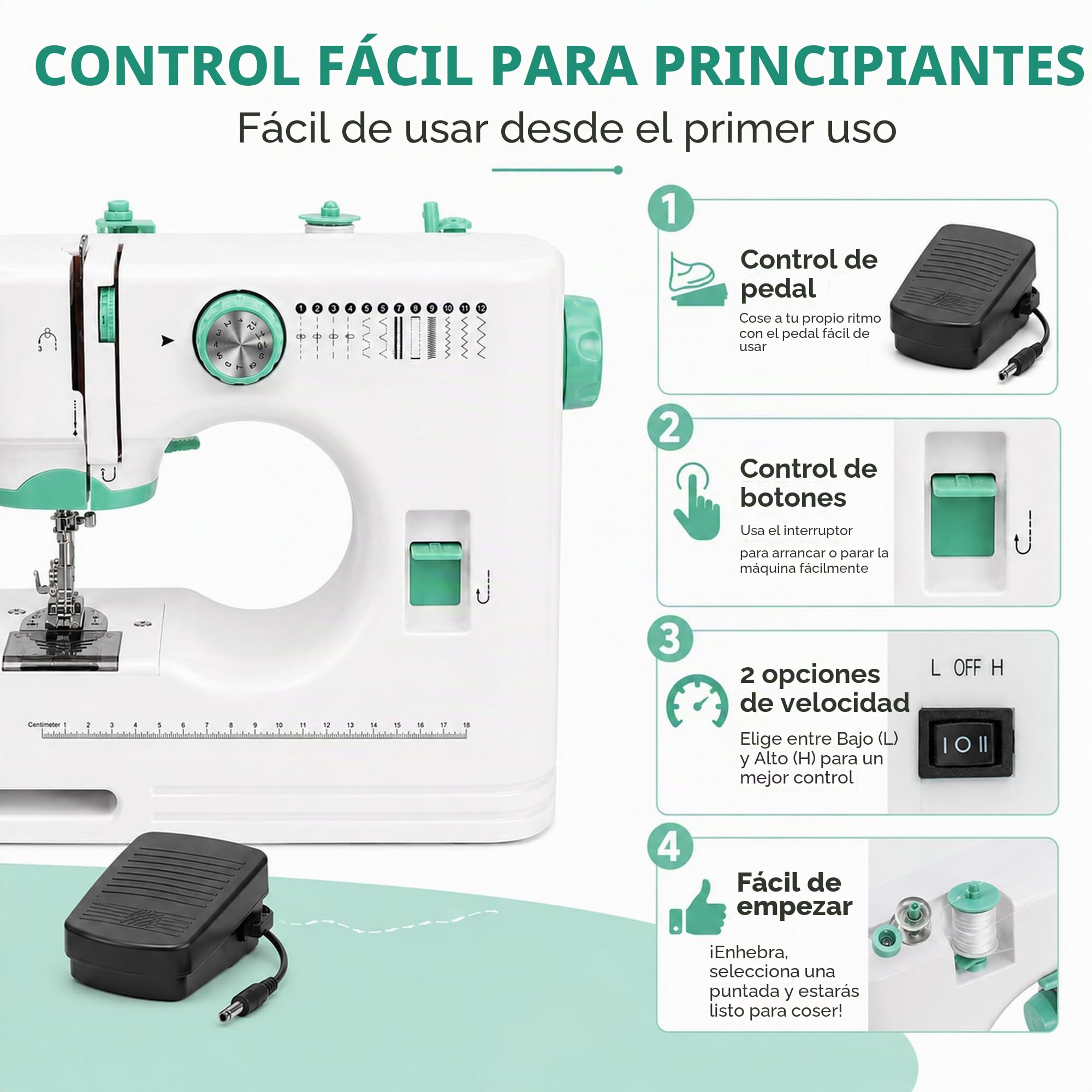 Pequeña máquina de coser eléctrica portátil para principiantes, 12 programas de costura, iluminación LED, juego de accesorios de 42 piezas, ideal para viajes
