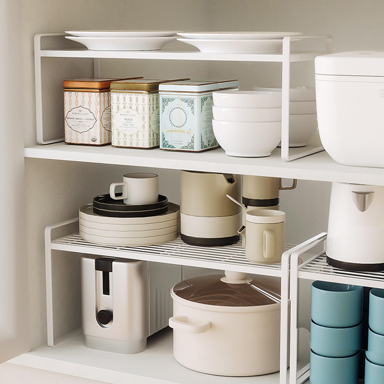 BAIEUEJO2pcs Shelf Insert, Kitchen Cupboard Organiser with Non-Slip Mat, Kitchen Cabinet Insert, for Kitchen/Bathroom/Table Top/Sideboard (2pcs,white)