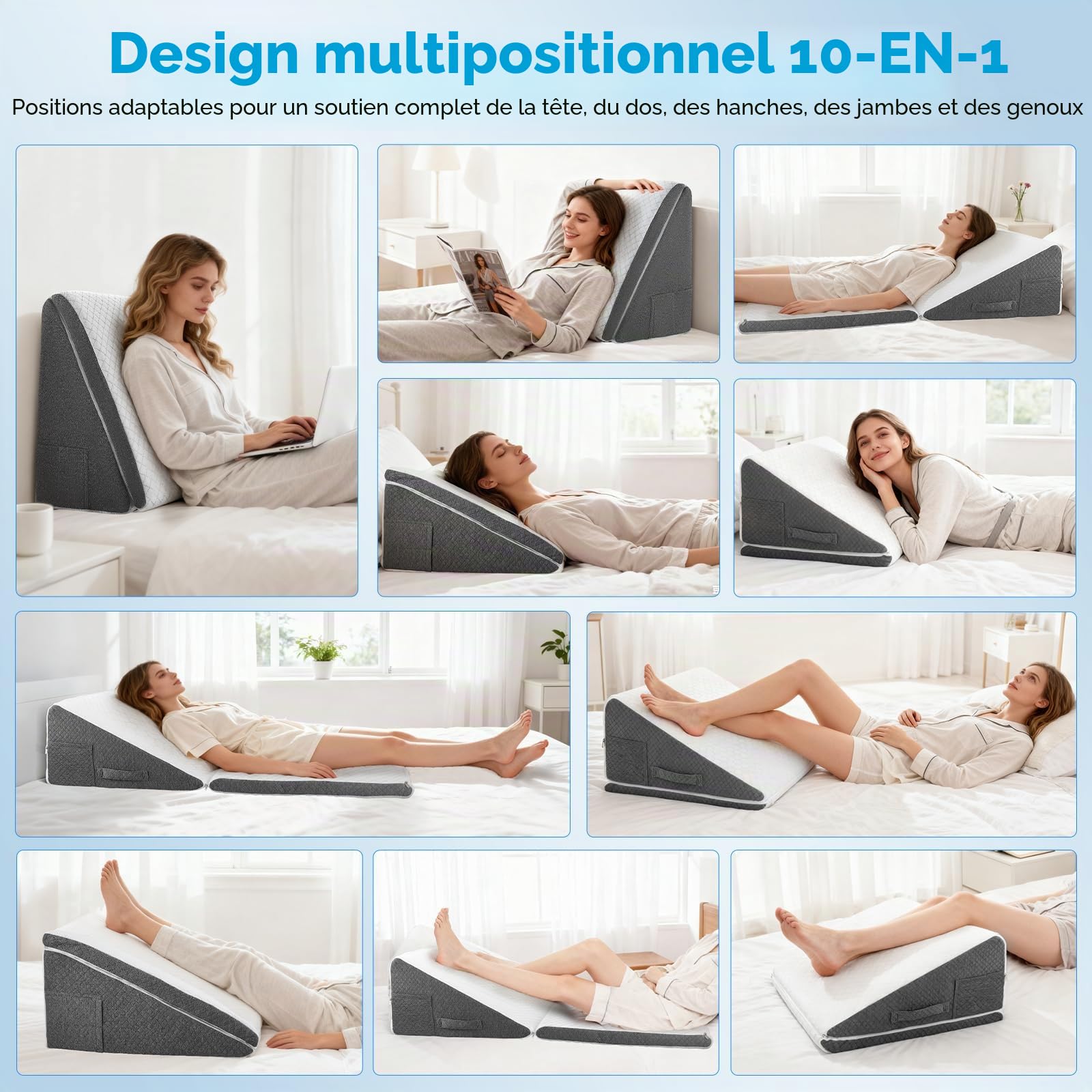 Coussin Incliné Réglable - Oreiller Ergonomique en Mousse Mémoire 50x50x26cm, Coussin de Lecture pour Canapé/Lit, Support pour Assise et Jambes, Housse Lavable, pour Détente du Cou et du Dos