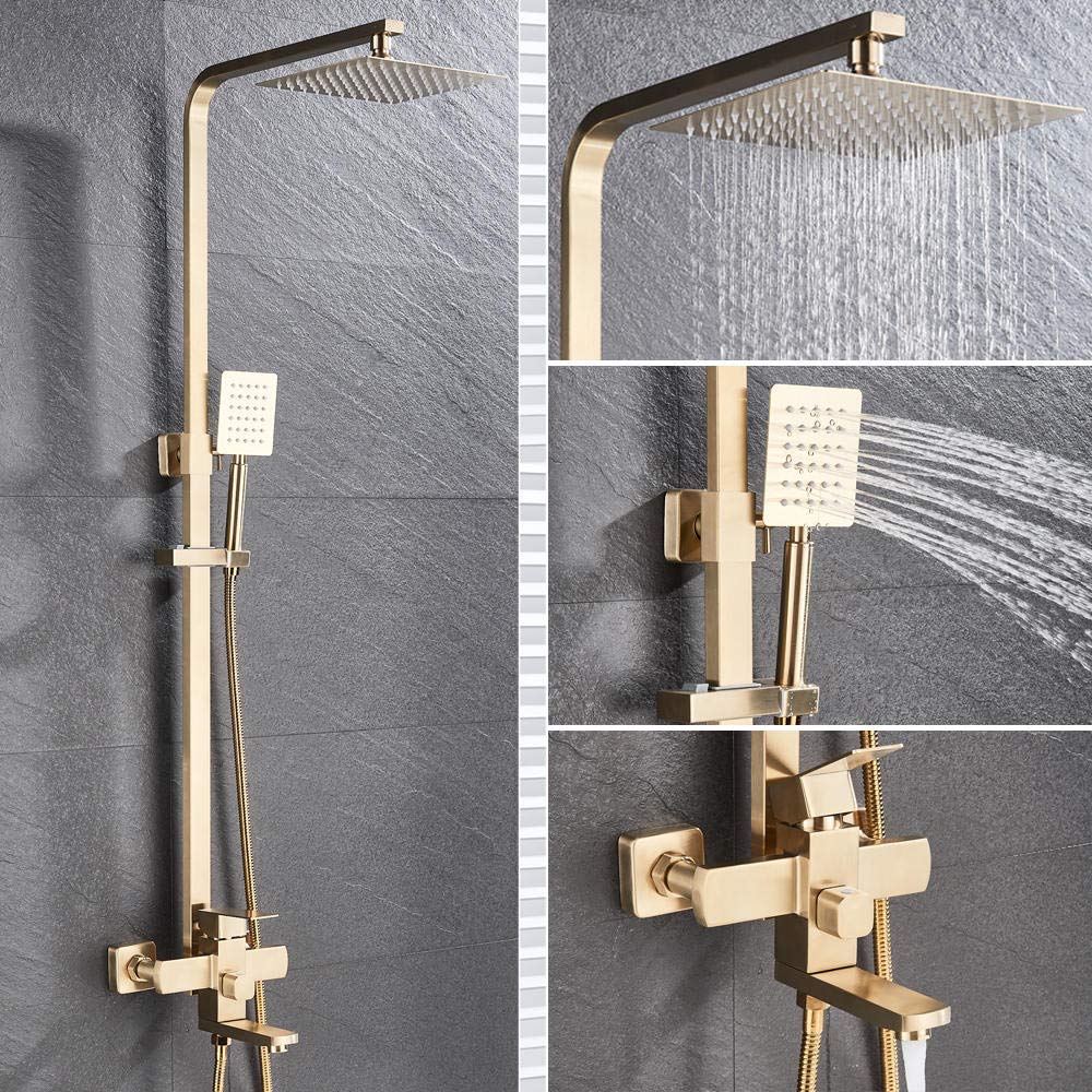 ASerZenith Bathroom Faucet Brushed Gold Big Rain Shower Bath Faucet Wall Mounted Bathtub Shower Mixer Tap Shower Faucet Shower Set Mixer(size_name-8In)