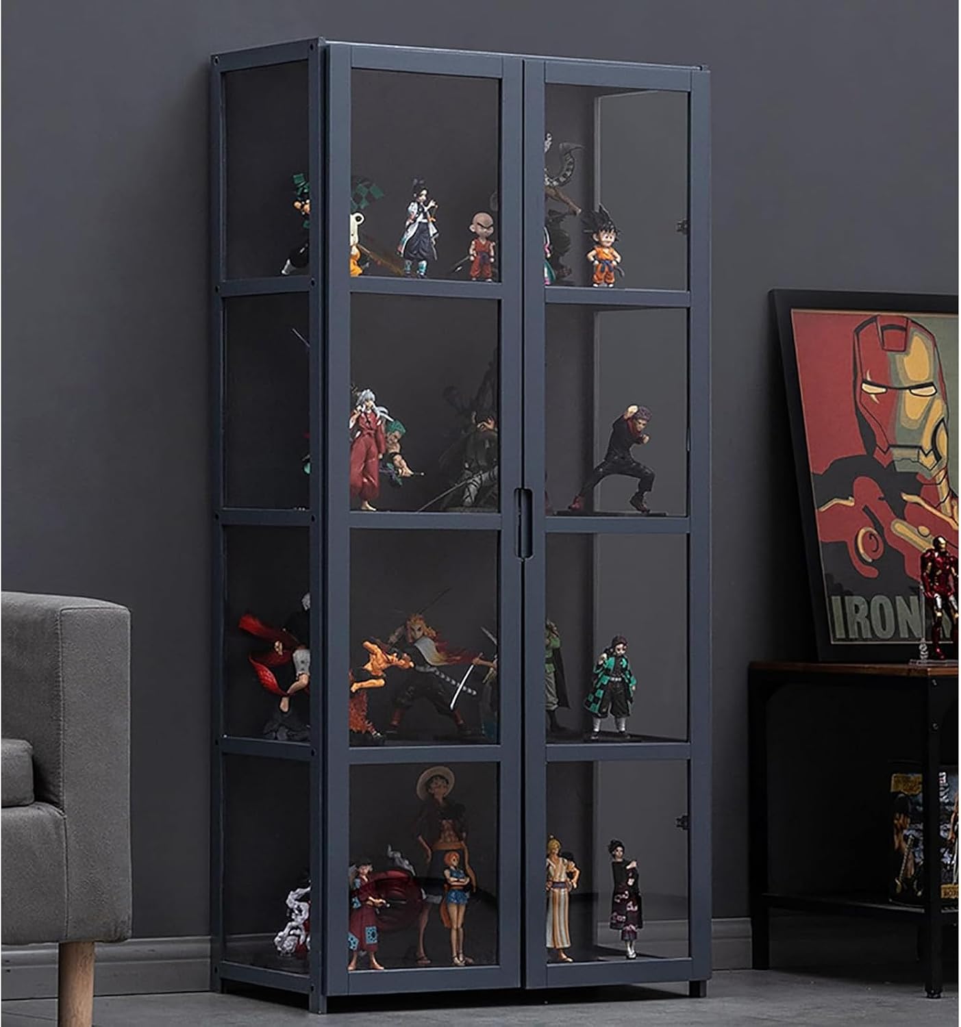 Transparent Multi-Layer Display Cabinet,Curio cabinets with Glass Doors ，Glass Display Cabinet，Natural Bamboo Frame, Safe and Healthy, Double Door Design for， Convenient Storage 82x33x161cm/