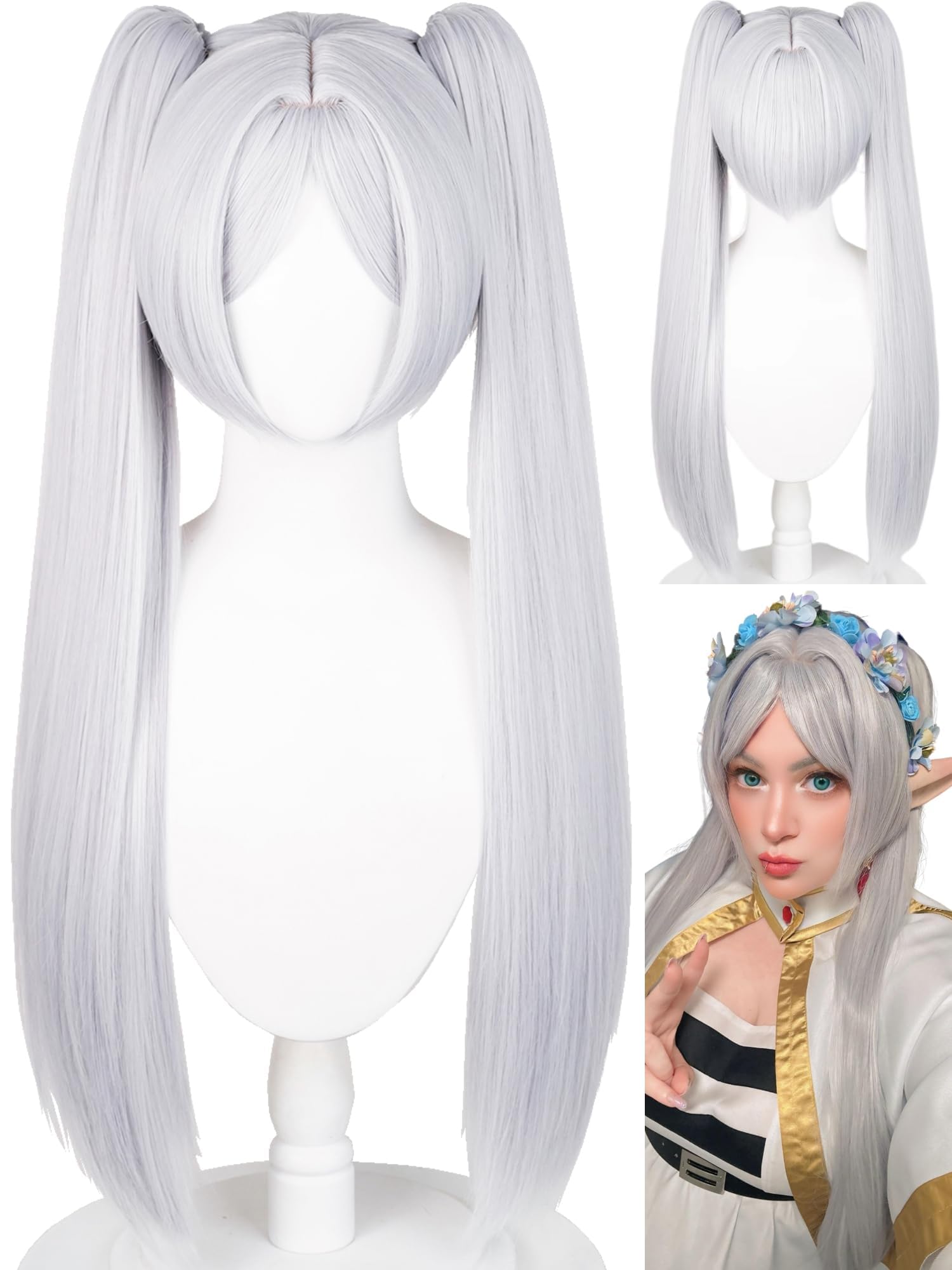 Frieren Cosplay Costume Wig 27'' Light Grey Anime Ponytail Wigs with Bangs Silver White Twin Tails Wig for Women Halloween Party