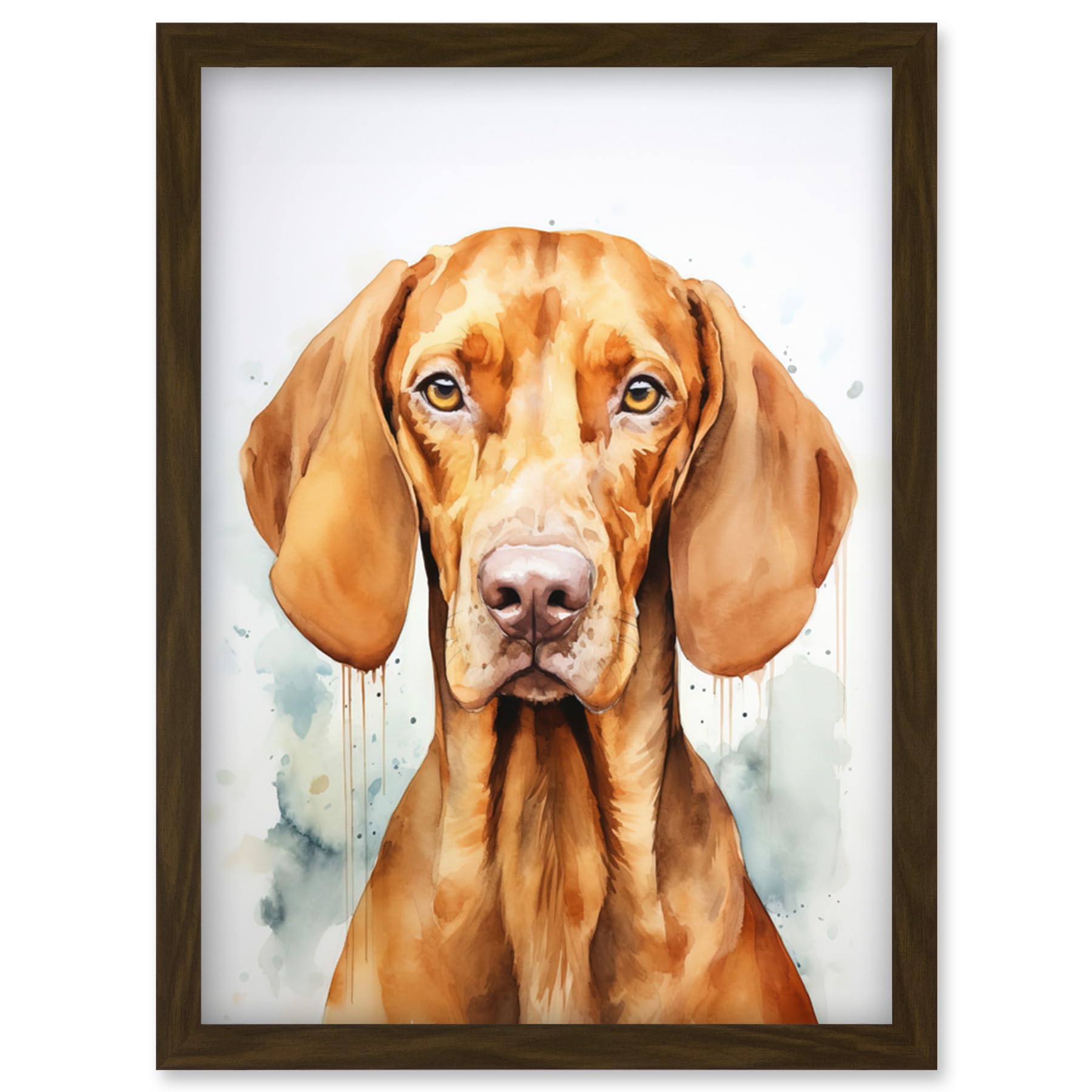 Artery8 Hungarian Vizsla Dog Soft Watercolour Artwork Golden Rust Teal Bright Portrait Artwork Framed Wall Art Print A4