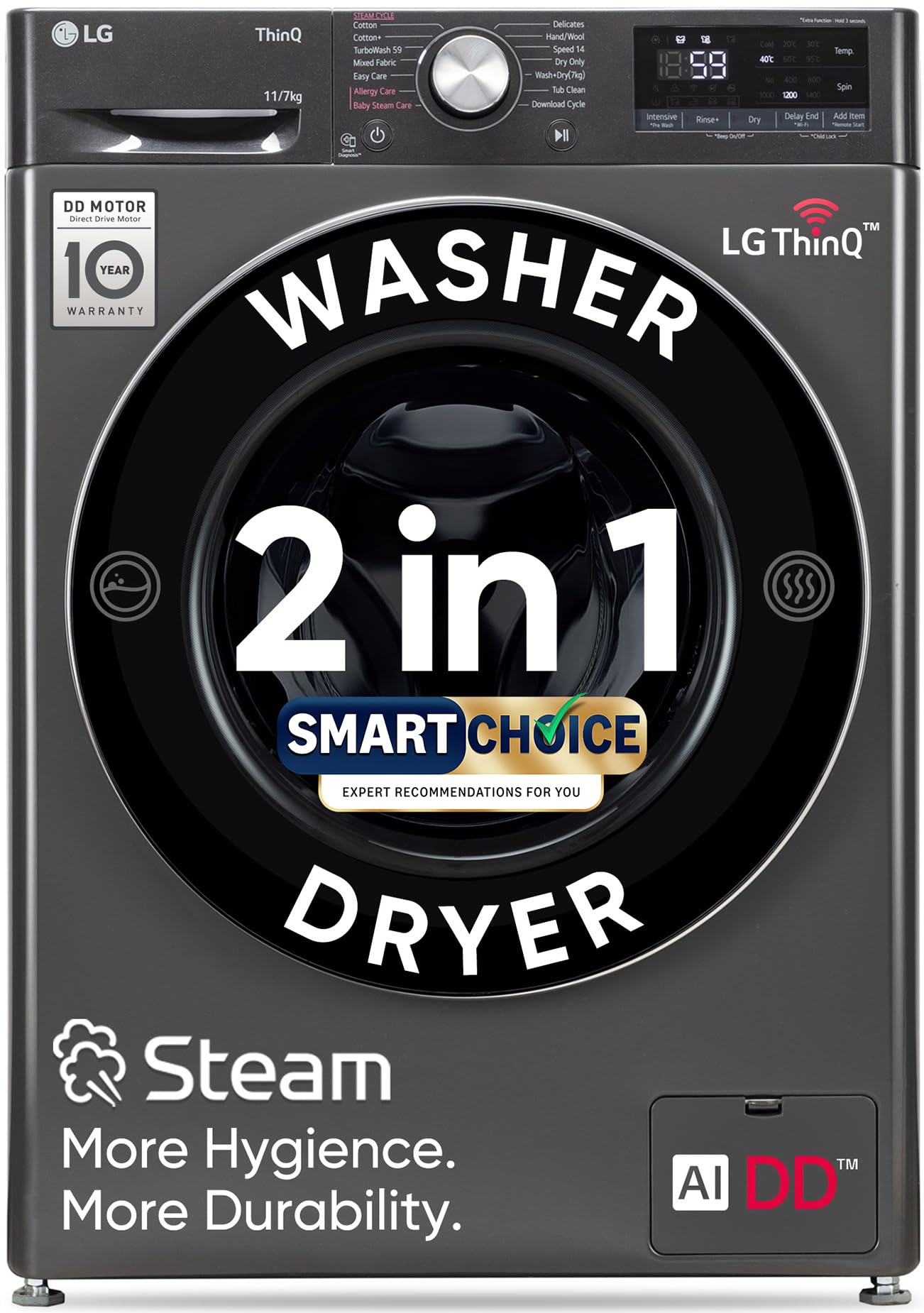 LG 11 Kg (Wash) / 7 Kg (Dry), AI Direct Drive Technology, Steam, 6 Motion DD & Wi-Fi Front Load Fully Automatic Washer Dryer (FHD1107SWM, Intelligent & Convenient Fabric Care, Turbowash, Middle Black)-image-12