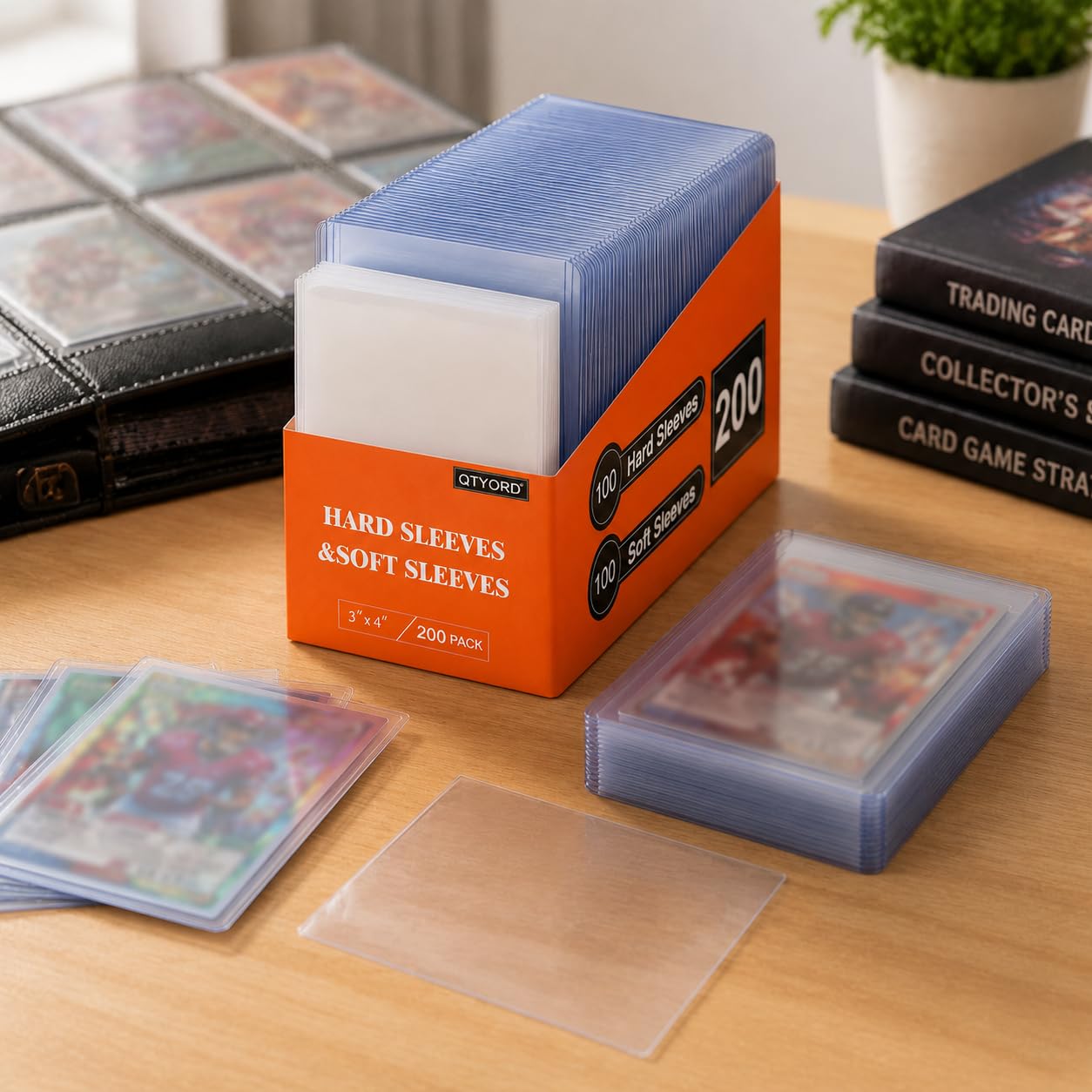QTYORD 200 cargadores superiores transparentes para tarjetas (100 soportes de plástico duro y 100 fundas para tarjetas) de 3 x 4 pulgadas, fundas protectoras de tarjetas para Pokemon, béisbol,