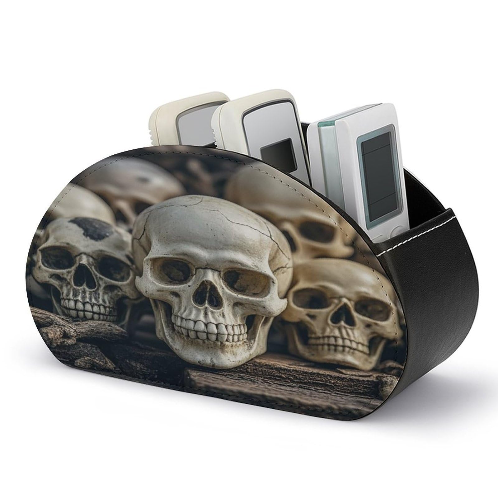 LZQPOEAS Skulls Remote Control Holder with 5 Compartments PU Leather Remote Organizer Box Caddy for Table Nightstand Remote Caddy Desktop Organizer Fits Media Controllers