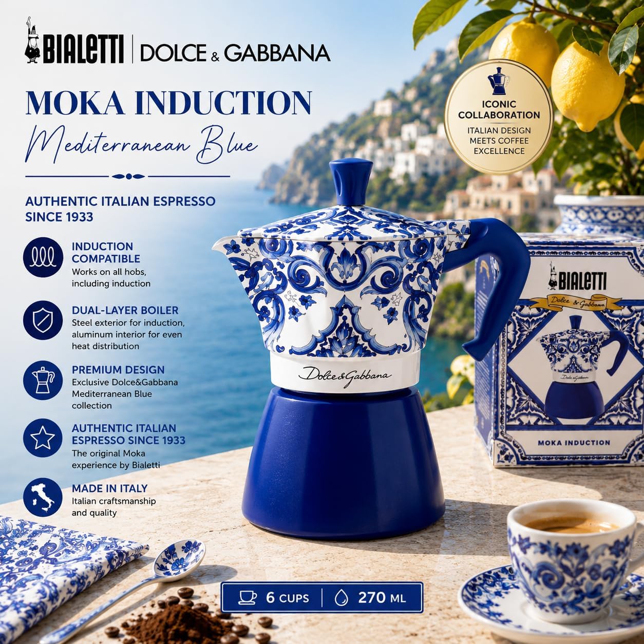 Bialetti Dolce & Gabbana Mocinduction Blue Mediterraneo 6 Cup Induction & Open Fire (Coffee Maker, Espresso Makinetta)
