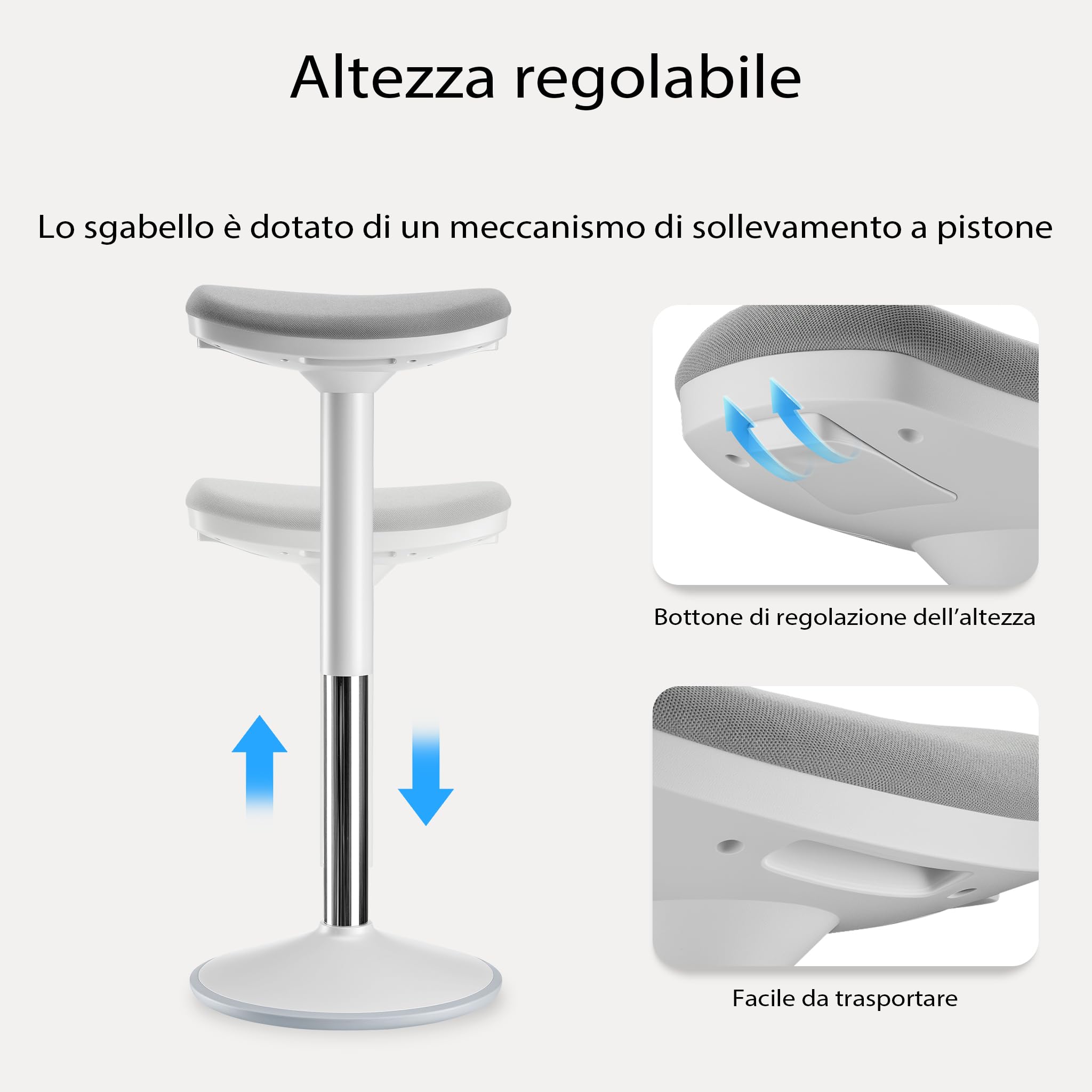 Wiltec Sgabello sit stand grigio, sgabello girevole regolabile in altezza fino a 82 cm, max 135 kg, sgabello ergonomico per casa, ufficio, officina