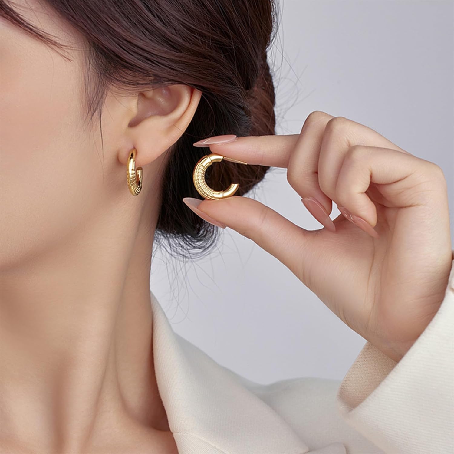 14K Gold Plated Stainless Steel Chunky Hoop Earrings Set, Semi-Closed, Simple Style, Classic Thick Hoops for Women - Image 4