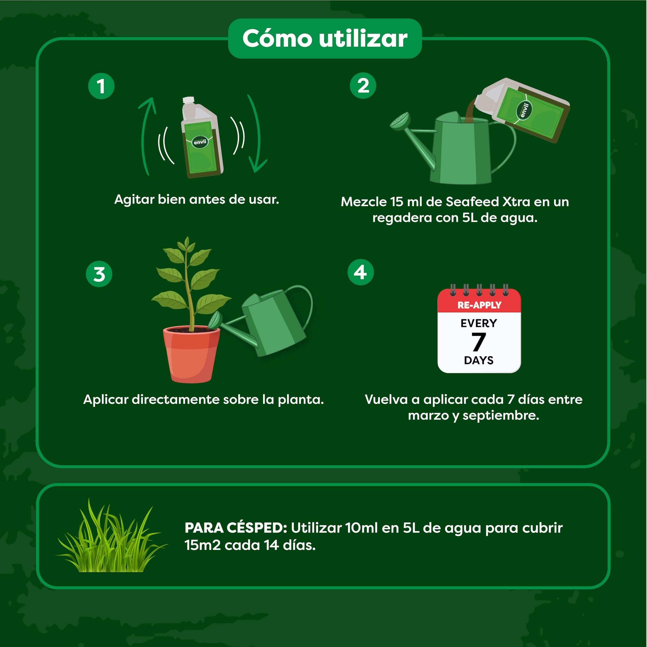 Envii Fertilizante Orgánico de Algas, Abono Líquido para Plantas de Exterior e Interior, Ideal para Jardines, Césped y Macetas, Rico en Nutrientes Adicionales – 1 Litro rinde hasta 500 L