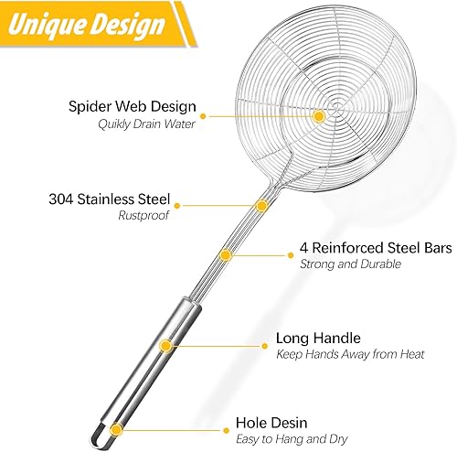Miniatura 2 de Paquete de 2 coladores grandes de araña, cesta de desnatador de acero inoxidable, coladores de cucharón de cocina, cucharas de malla con mango