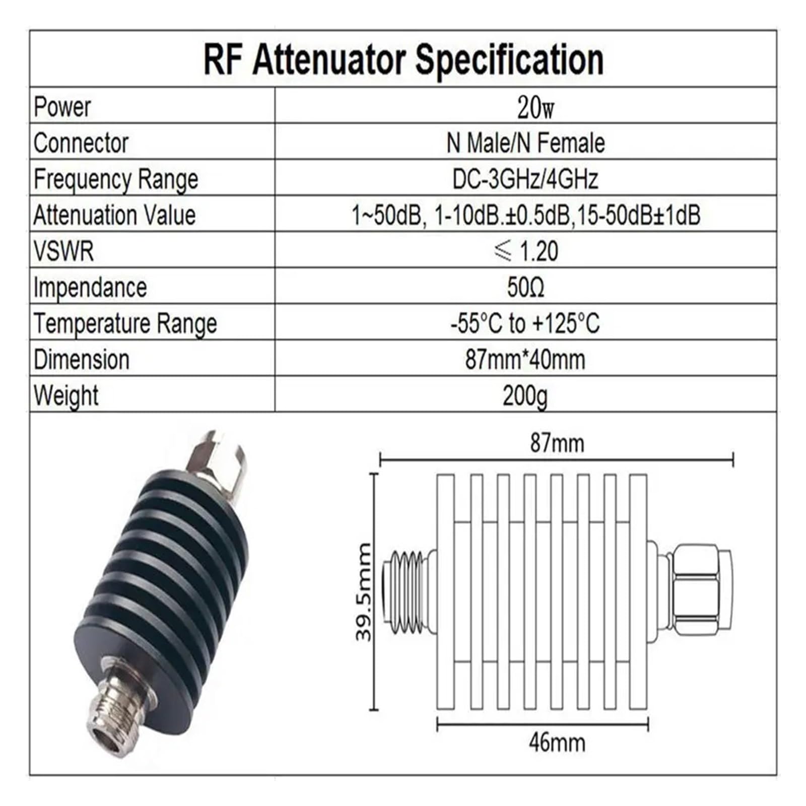 Attenuatore Tipo N da 20 W DC-3Ghz/4Ghz 1/2/3/5/6/10/15/20/25/30/40/50db N Spina Maschio a Femmina Connettore di Alimentazione coassiale RF 50ohm(1db,3G)