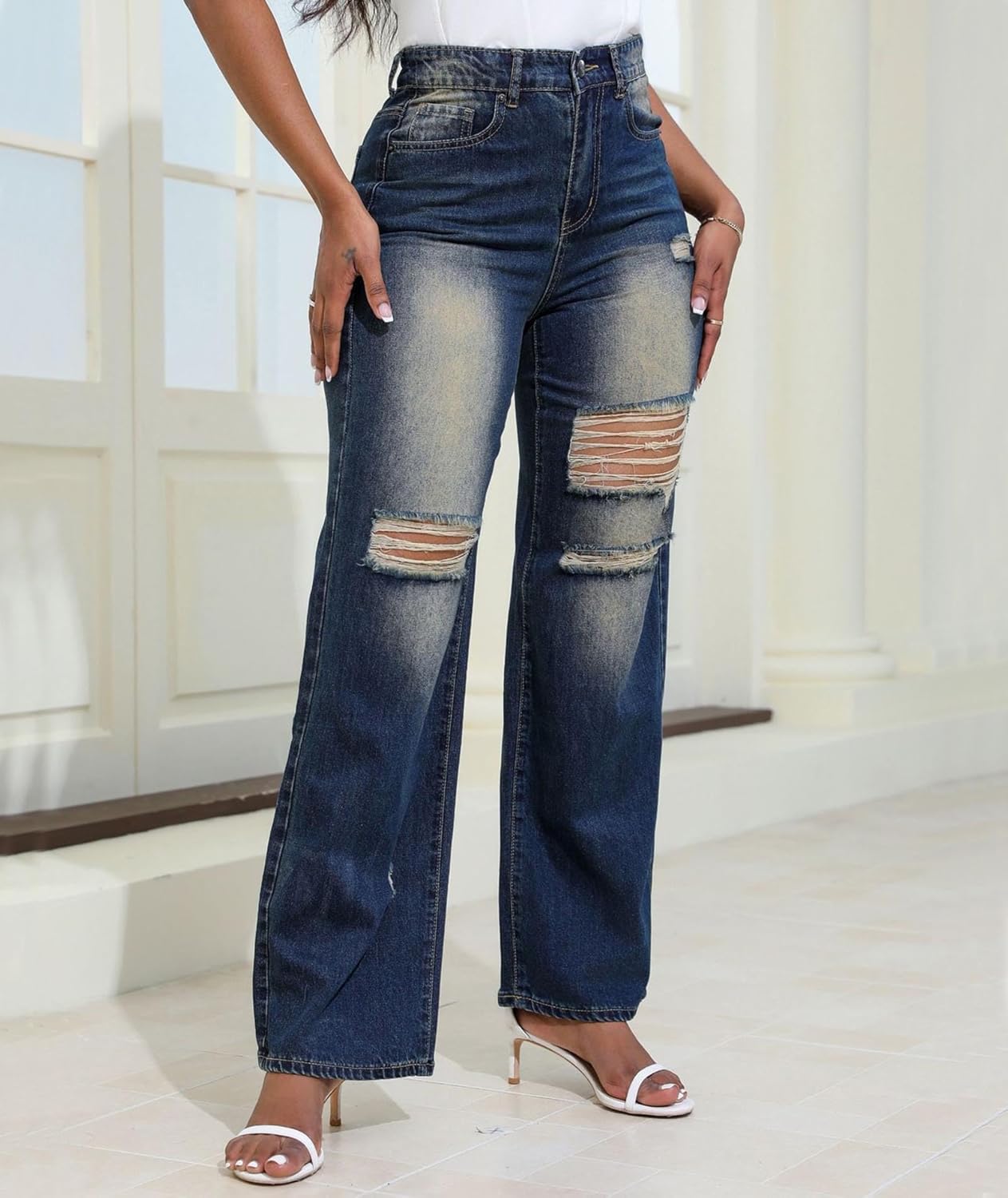 Sexyshine Women's High Waist Straight Leg Ripped Jeans Baggy Loose Washed Distressed Cut Out Y2K Denim Pants - Image 4