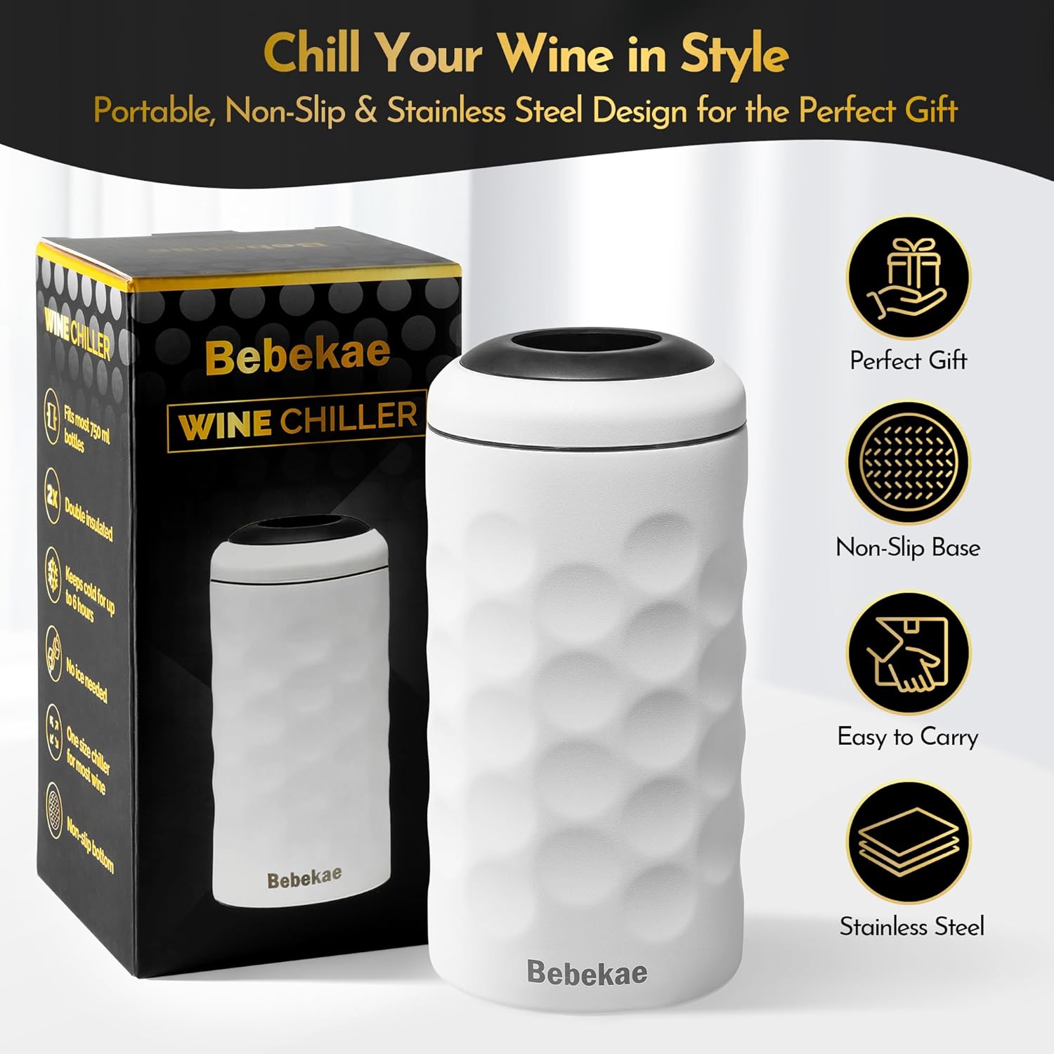 Keep Wine Cold for 6+ Hours Wine Chiller – Double Walled Stainless Steel Wine Bottle Chiller | Vacuum Insulated Wine Chillers for Bottles | Fits Most 750ml Wine & Champagne Bottles - Image 4