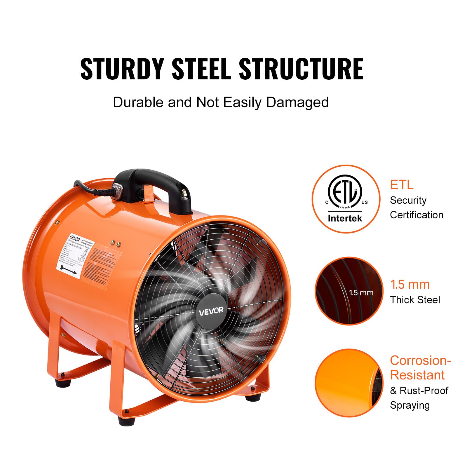 VEVOR Ventilador Extractor Industrial 365 W Extractor de Aire Conducto 304,8 mm Manguera de Extracción 10 m Volumen de Aire de 4373 m3/h Extractor de Aire 2 Engranajes para Extracción de Polvo y Humo
