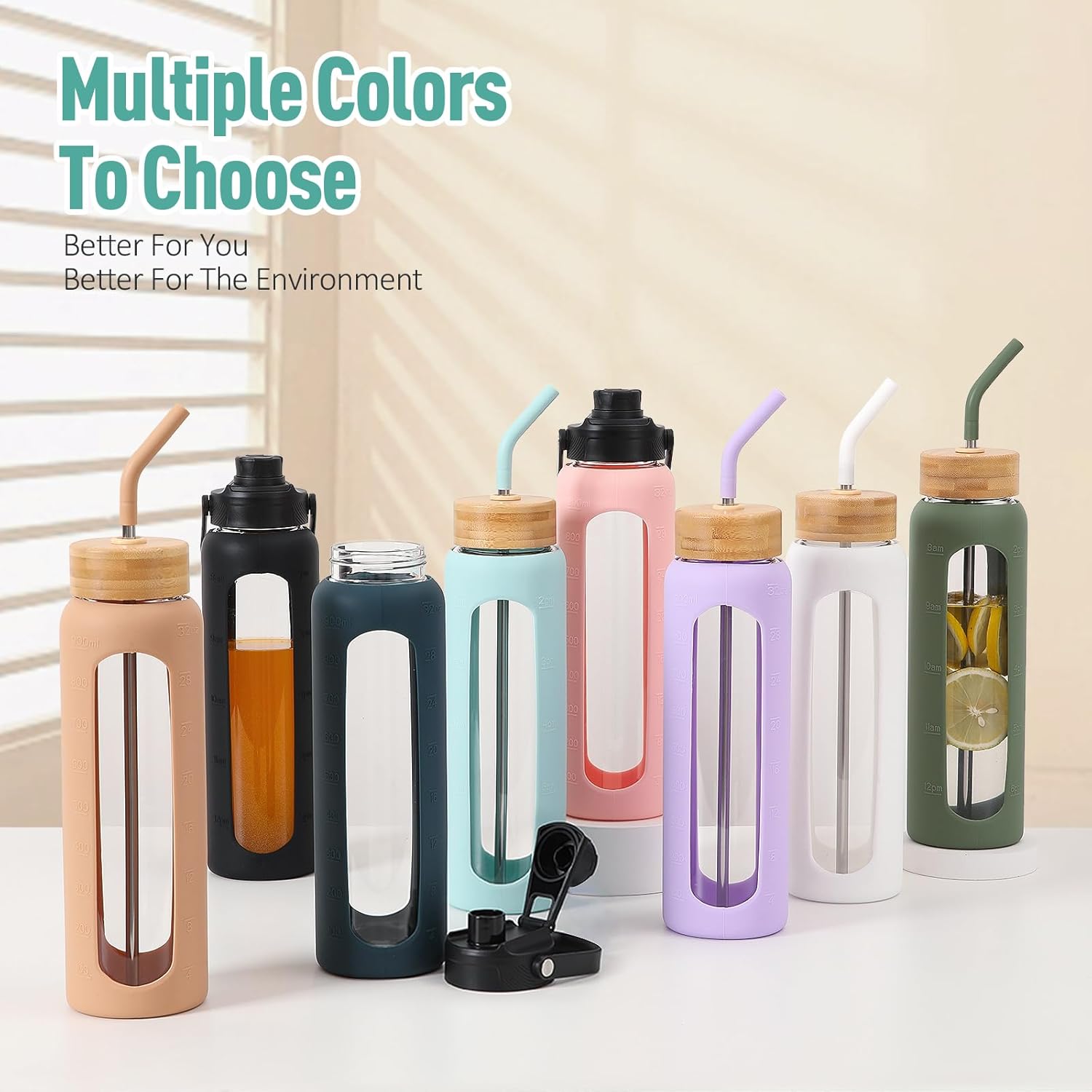 Kodrine Water Bottle with Straw, 24 oz Glass water Bottle with 2 Lids Bamboo Straw Lid and Spout Lid with Handle, 32 oz Clear Water Bottle Glass for Sports Travel, Waterbottle with Time Marker