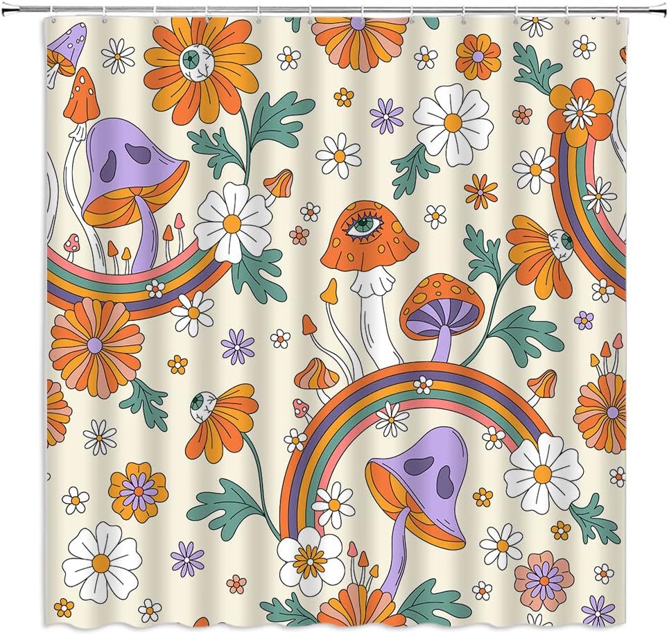 70s Retro Boho Floral Shower Curtain Mushroom Funky Mushrooms Flowers and Eyes Hippie Abstract Plant Vintage Yellow Orange Fabric Bathroom Curtains Decor Set with Hook(70" Wx84 H)