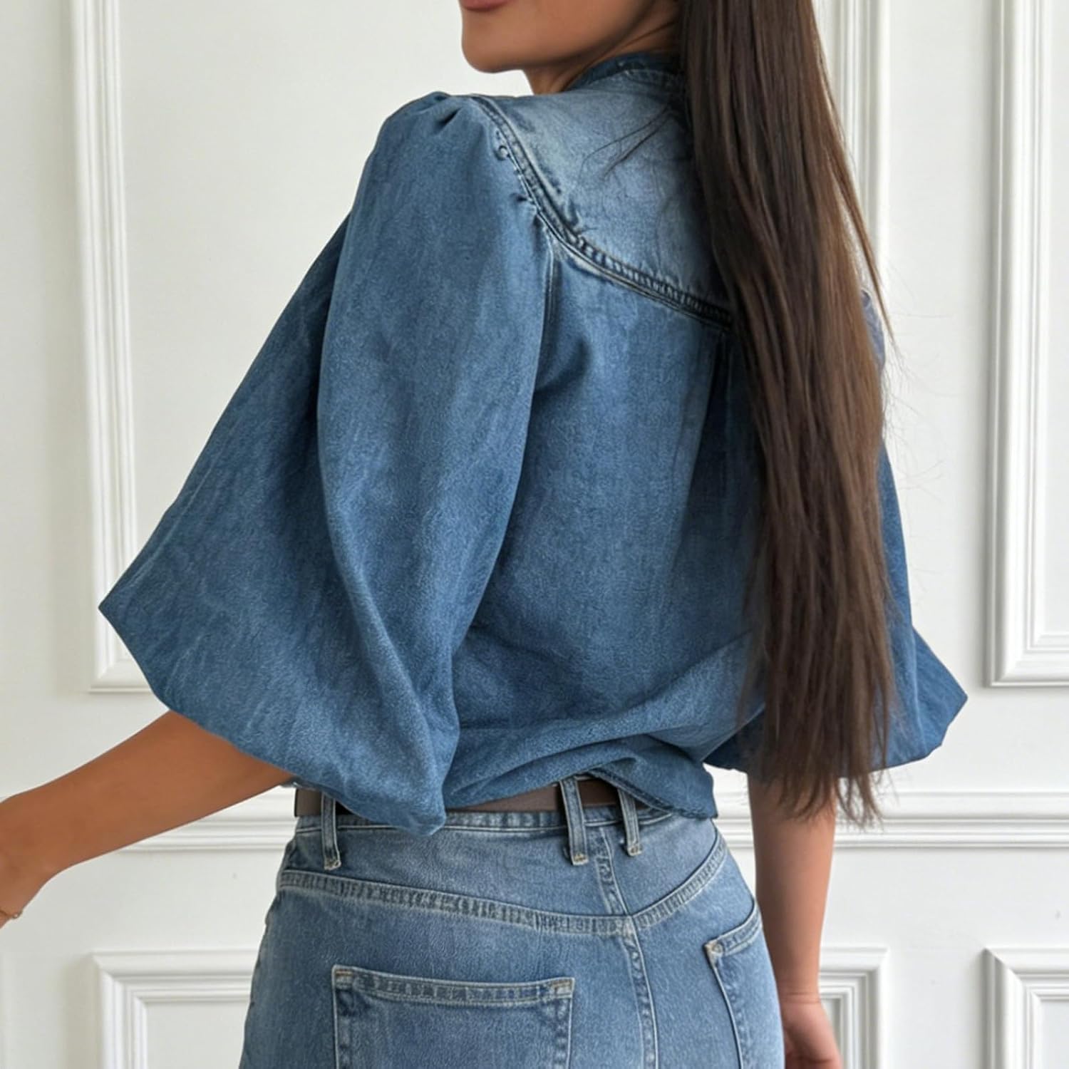 Women's Vintage Denim Shirt, V Neck 3/4 Lantern Sleeve Blouse, Casual Button Down Jean Top