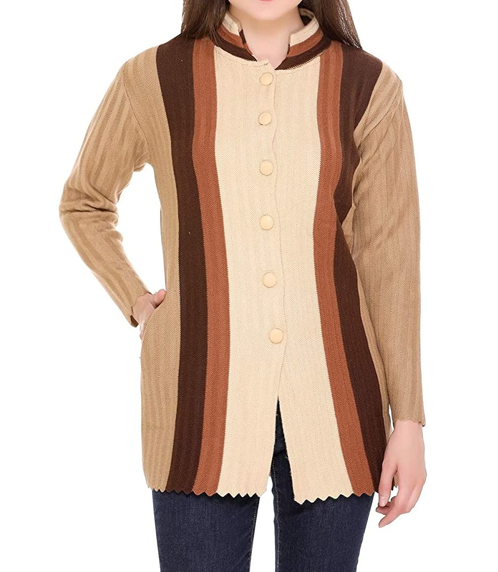 Women's Woolen Band Neck Cardigan - Printed Heavy Front Multicolor Daffodil Fabric Winter Wear Pure Wool Cardigan for Women - Free Size Long Cotty (Brown, XL)-image-13