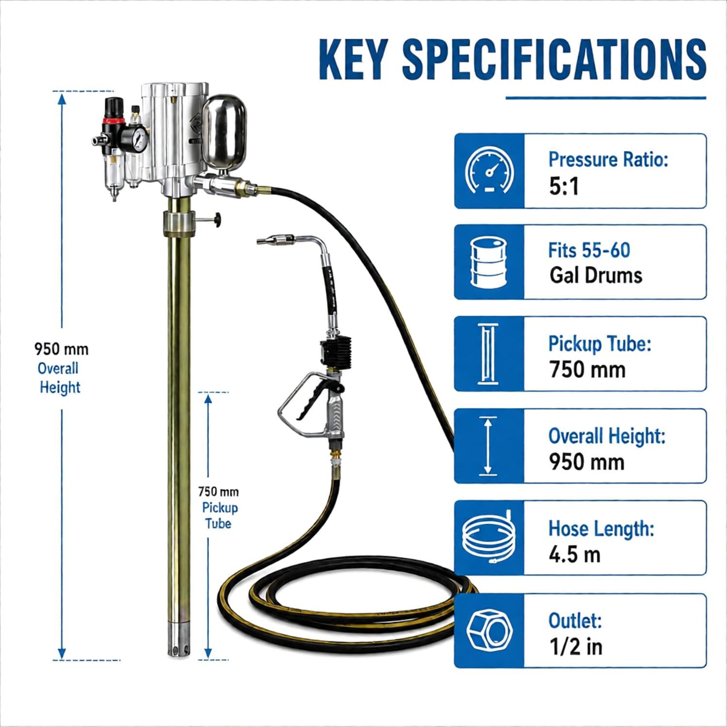 Bomba Neumática para Bidones De Aceite De 200 L, Bomba Dosificadora Neumática A Presión con Manguera De Aceite De 4,5 M + Pistola Dosificadora De Aceite, Caudal: 6-10 L/min, Viscosidad: 85-95