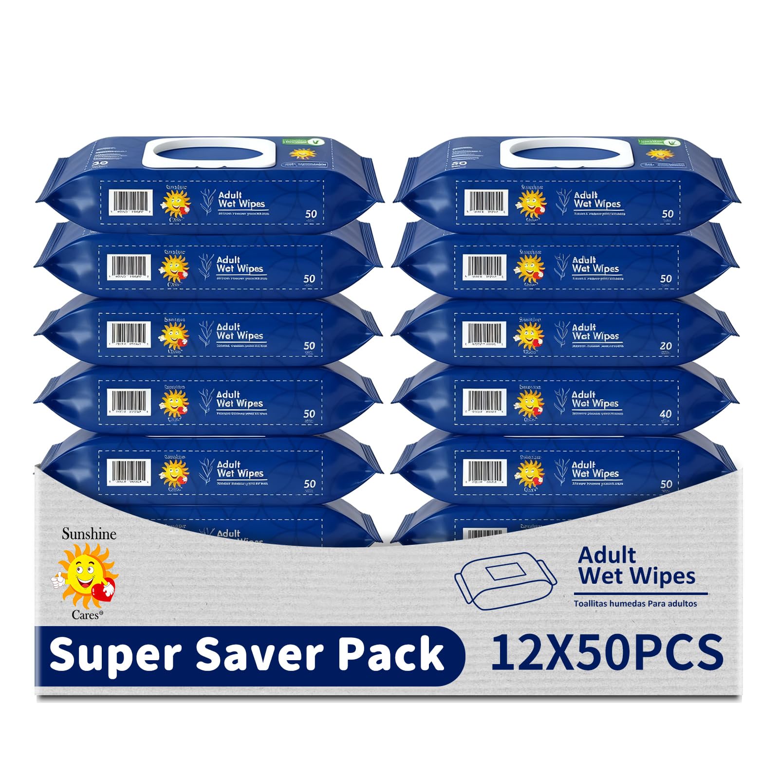 Sunshine Multi-Purpose Wet Wipes 600 Count (50s x 12Packs) Alcohol-Free, Aloe Vera & Ultra Soft for Sensitive Skin,Big Size Wet Wipe for All Purpose Cleaning,Moist Toilet Wipes for Women&Men