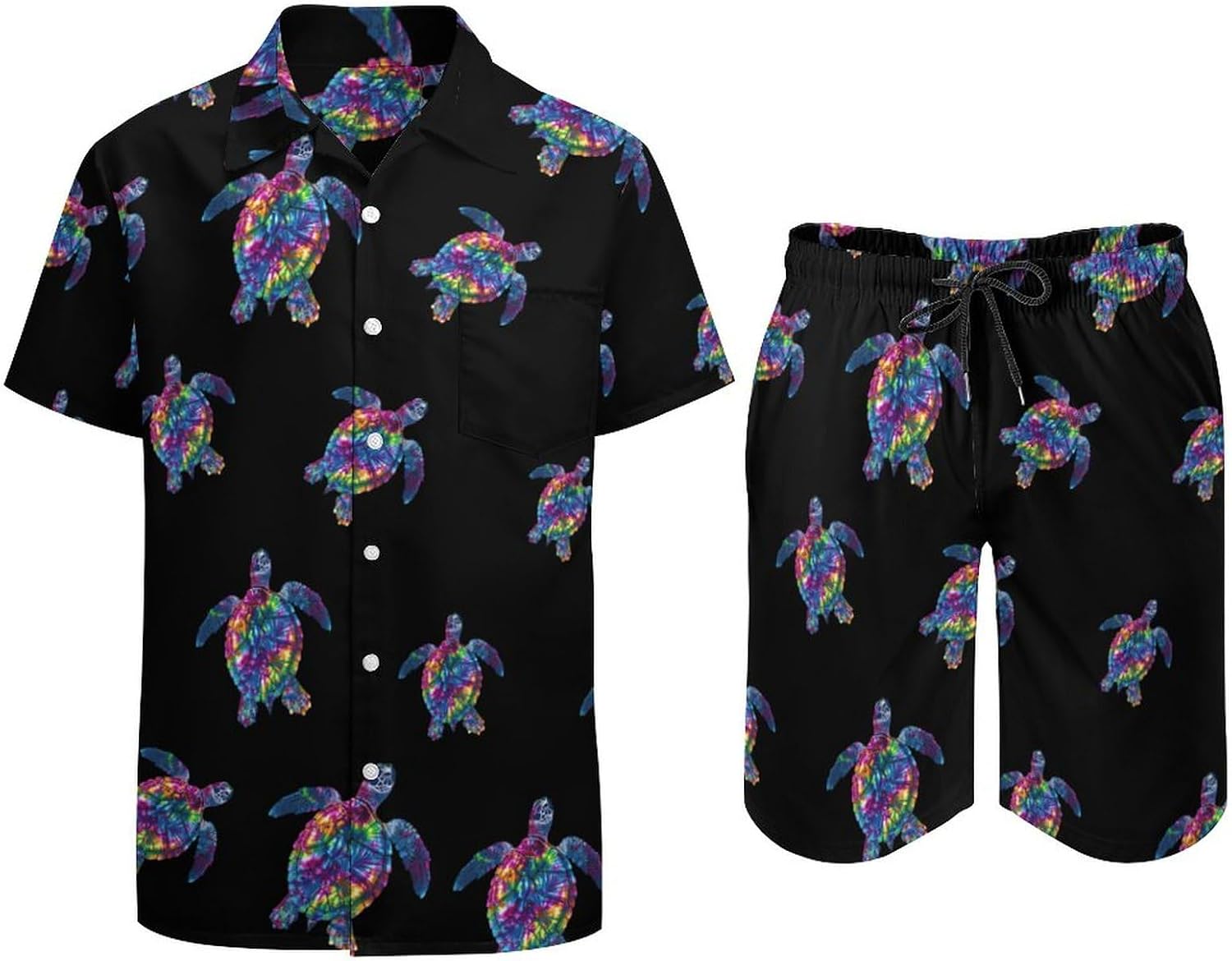 Tie Dye Turtle Men's Summer Beach Outfits Shirt And Shorts Set 2 Piece Vacation Swimwear