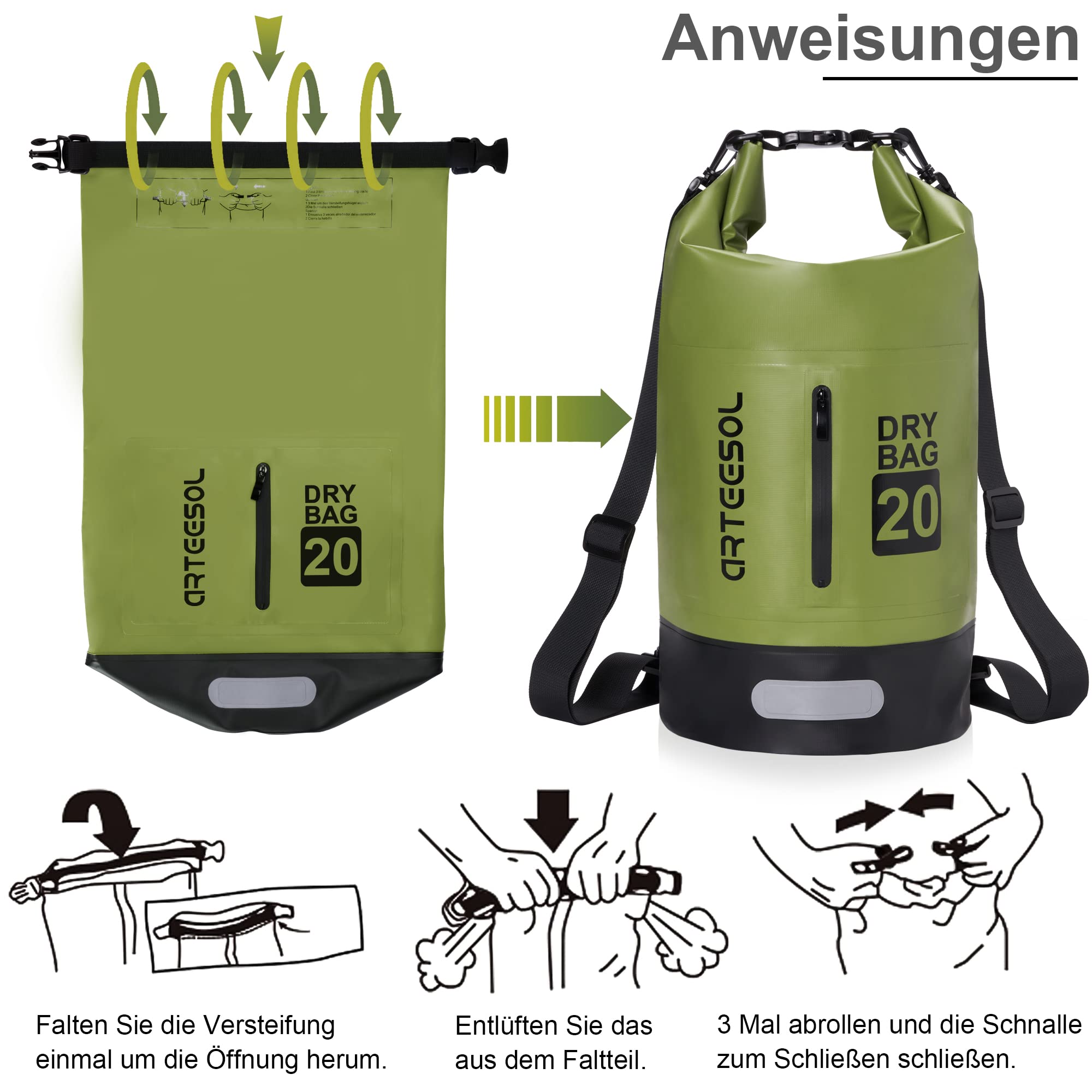 Blackace arteesol Borsa Impermeabile 5L/10L/20L/30L Waterproof Dry Bag Zaino Sacca Stagna con Doppia Tracolla per Nuoto Kayak Canottaggio Pesca Viaggiare in Bicicletta Spiaggia