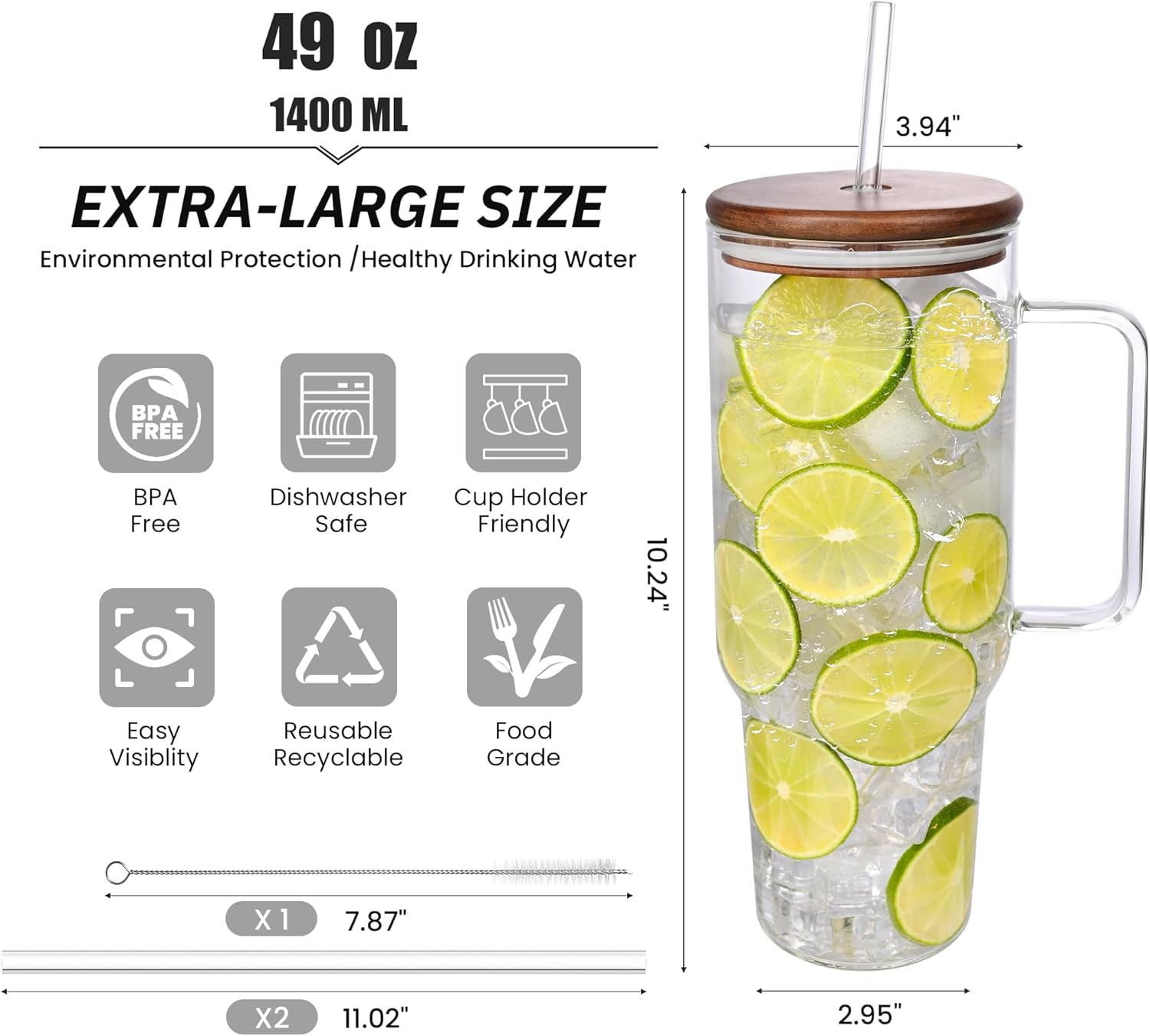 49oz Glass Tumbler with Acacia Wood Lid & Dual Straws, Large Cup with Handle and Straws Glasses Water Bottle Mason Jar Wide Mouth Iced Coffee Cups Travel Mug for Water,Juice,Smoothie,Bubble Tea,Soda - Image 4