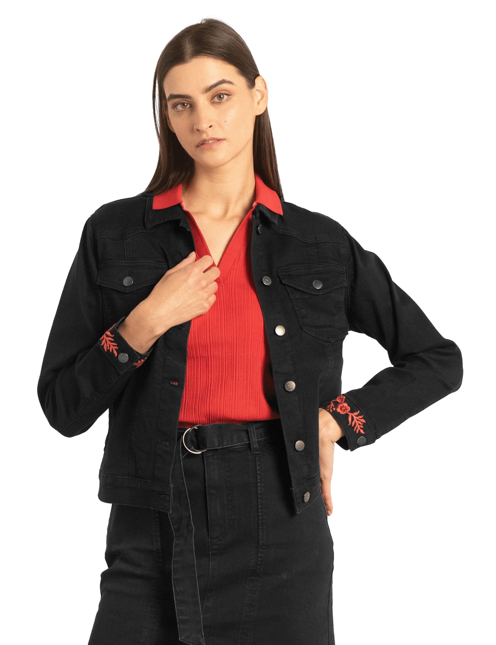 Enorsia Women's Black Classic Denim Jacket With Sleeve Embroidery - Uk 12