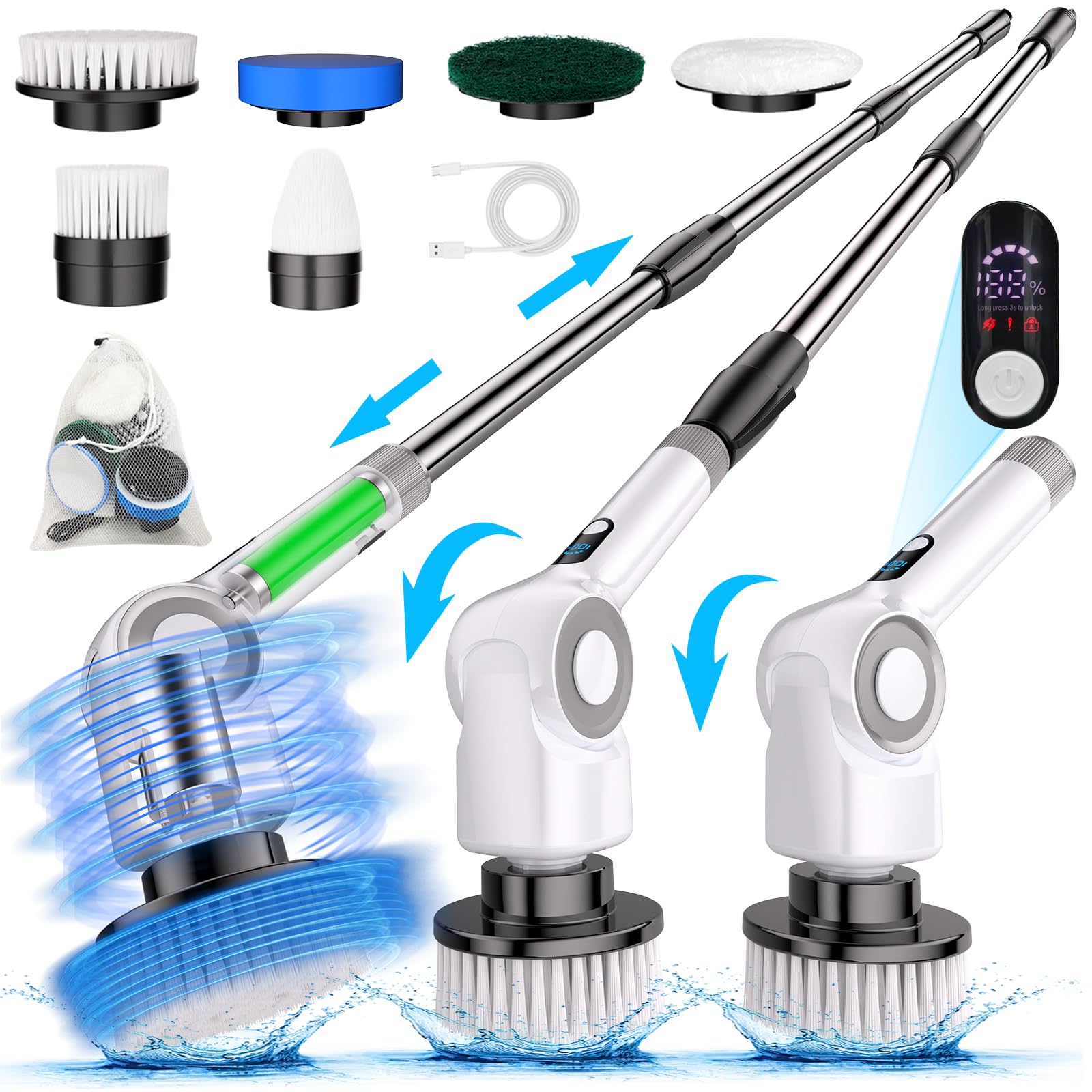 Angle Adjustable Electric Spin Scrubber Cordless Cleaning Brush with 3 Speeds Cordless Scrubber Home Electric Scrubber Power Scrubber Shower Scrubber Power Display Screen for Bathroom Kitchen