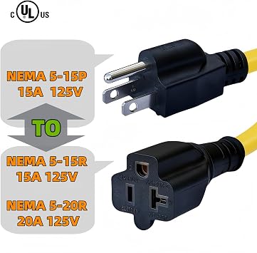 1Pack NEMA 5-15P to 5-15R/5-20R Adapter Cord,15A to 20A Power Cable