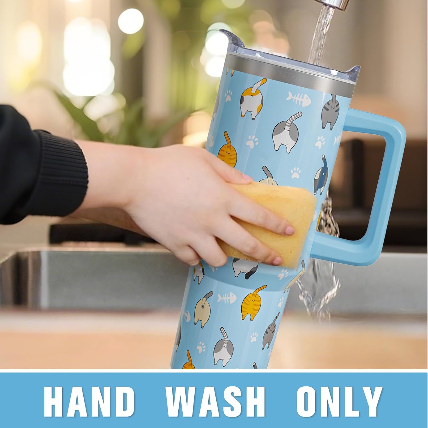 40 oz Cat Tumbler with Handle and Straw, Blue Cat Butt Stainless Steel Vacuum Insulated Travel Coffee Mug Cup Water Bottle, Kitty Stuff Accessories Decor, Cats Lover Gifts for Women Girls - Image 5