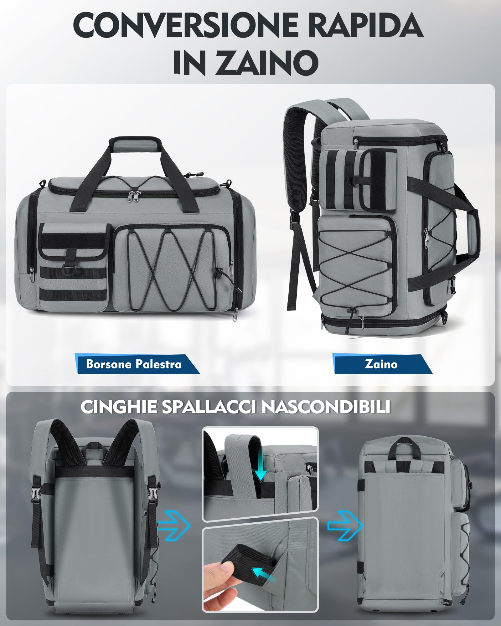 RAINSMORE 45L Borsone Palestra Uomo Donna 3 in 1 Trasformabile in Zaino Borsone da Viaggio con Scomparto Scarpe e Tasca Umida Borsa Sportiva per Fitness Nuoto Yoga Weekend Grigio