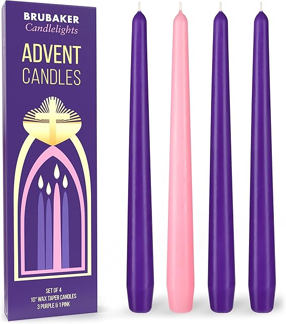 BRUBAKER Premium Advent Candles 3 x Purple 1 x Pink - Traditional Taper Candles for Advent Wreaths and Other Christmas Decorations