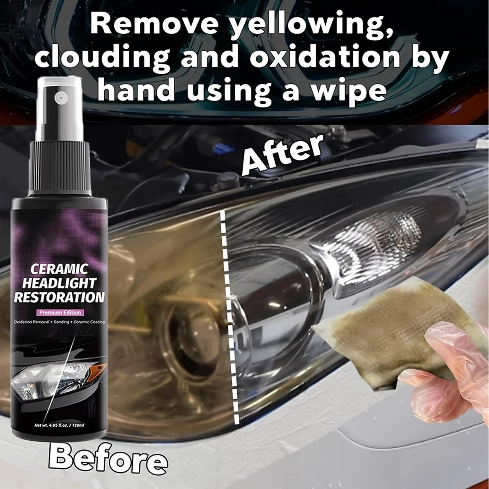 Rénovateur Phare Voiture Spray 120ml, Kit de Restauration Optique Céramique Haute Brillance, Élimine l'Oxydation et le Jaunissement, Protection UV Longue Durée pour Phares, Feux Arrière et Plastiques