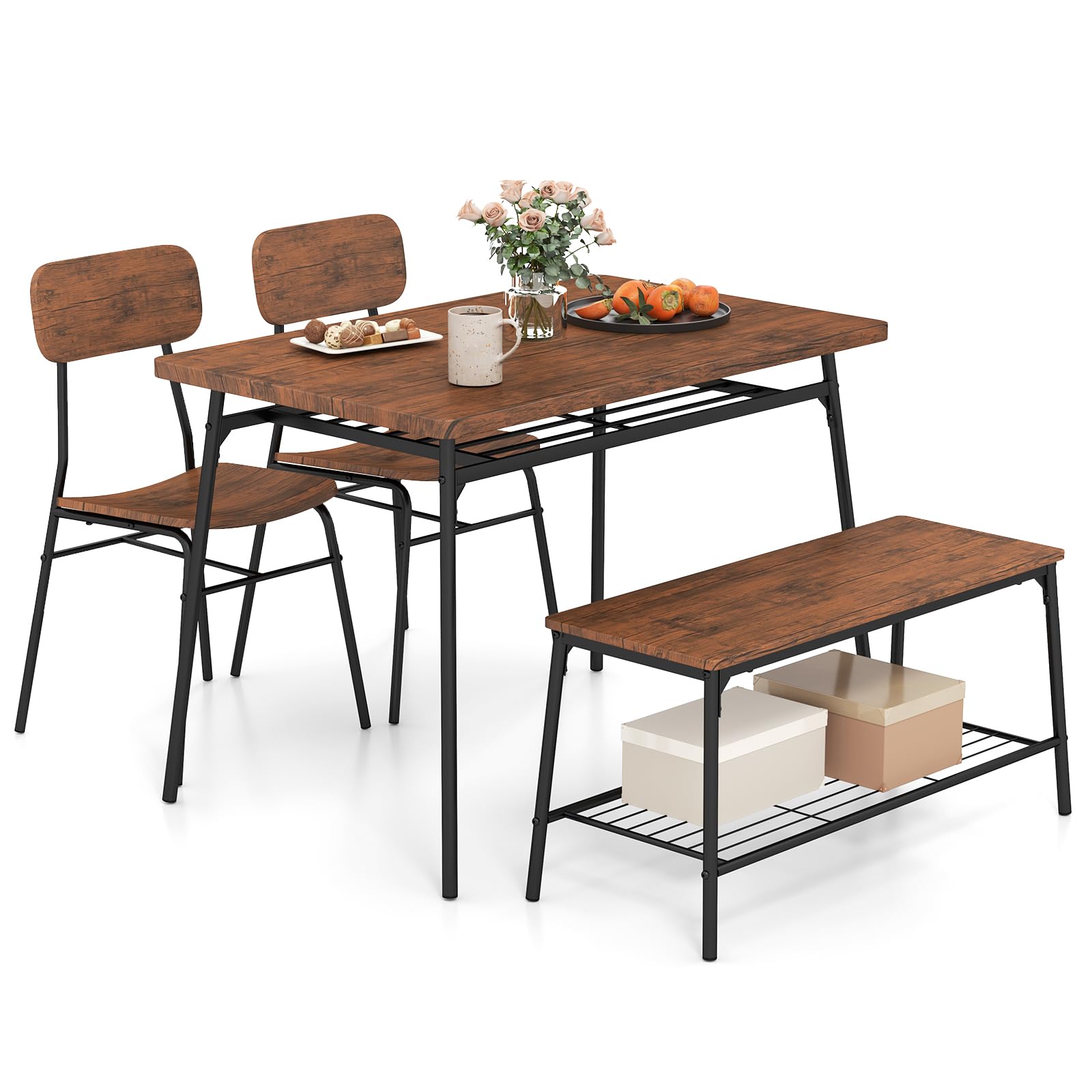 Tangkula Dining Table Set for 4, Square Kitchen Table & Chair Set w/Storage Rack, Metal Frame, Space-Saving Dinette Furniture Set with Bench for Breakfast Nook, Dining Room, Small Places