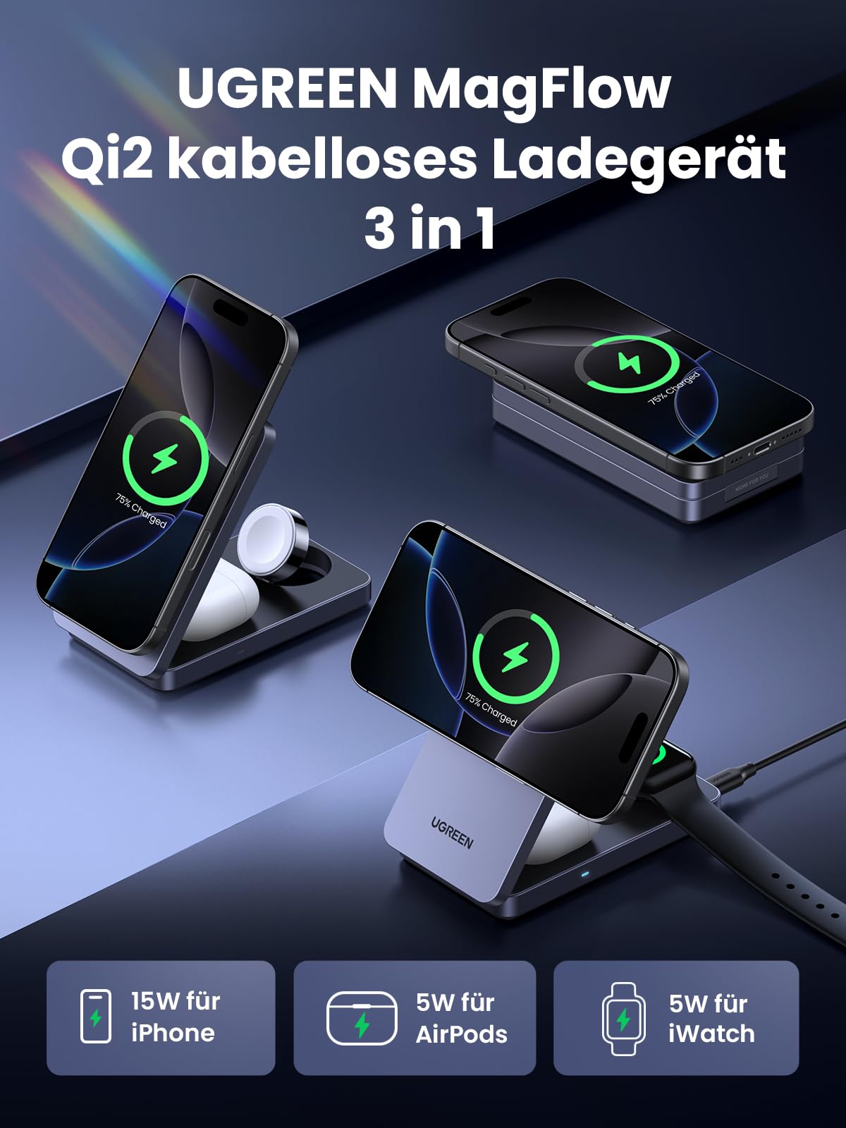 UGREEN MagFlow Qi2 15W 3-in-1 Faltbare Ladestation mit Magsafe | zertifiziert, kompatibel mit iPhone 17-12, AirPods, smartwatch, faltbare magnetische Ständer mit 30W Ladegerät und Kabel