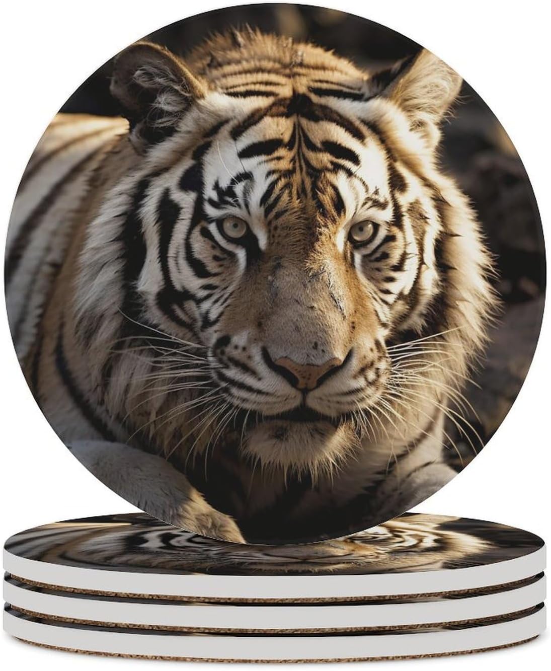 6PCS Animal Tiger Coasters Non-Slip Round Drink Coasters with Ceramic Stone and Cork Base, Heat Resistant Absorbent 33.00Stone Coaster Set for Kinds of Mugs and Cups, 4 Inch