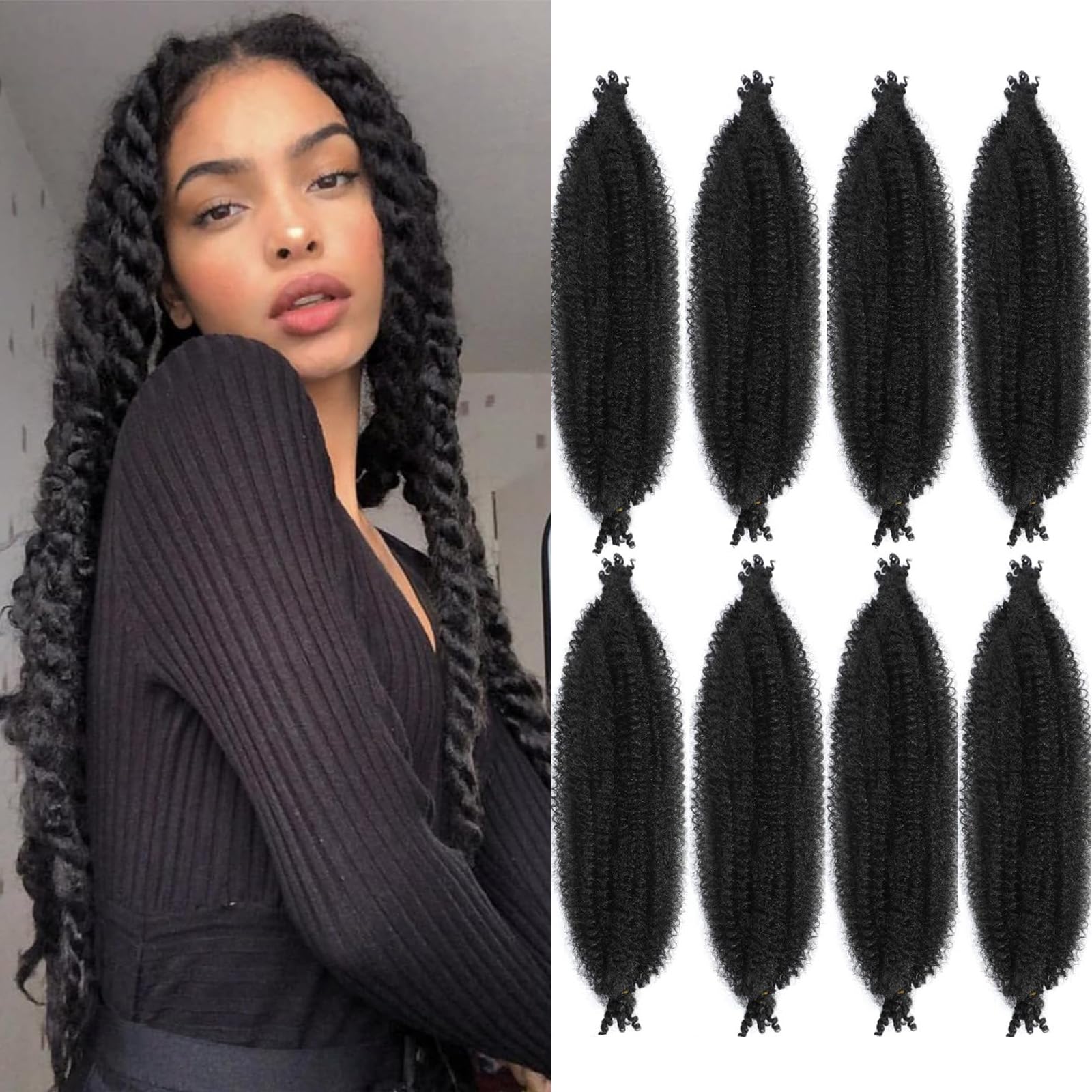 Springy Afro Twist Hair 8packs 18inch Marley Twist Braiding Hair for Distressed Soft Locs Pre-Separated Spring Twists Extensions (1B