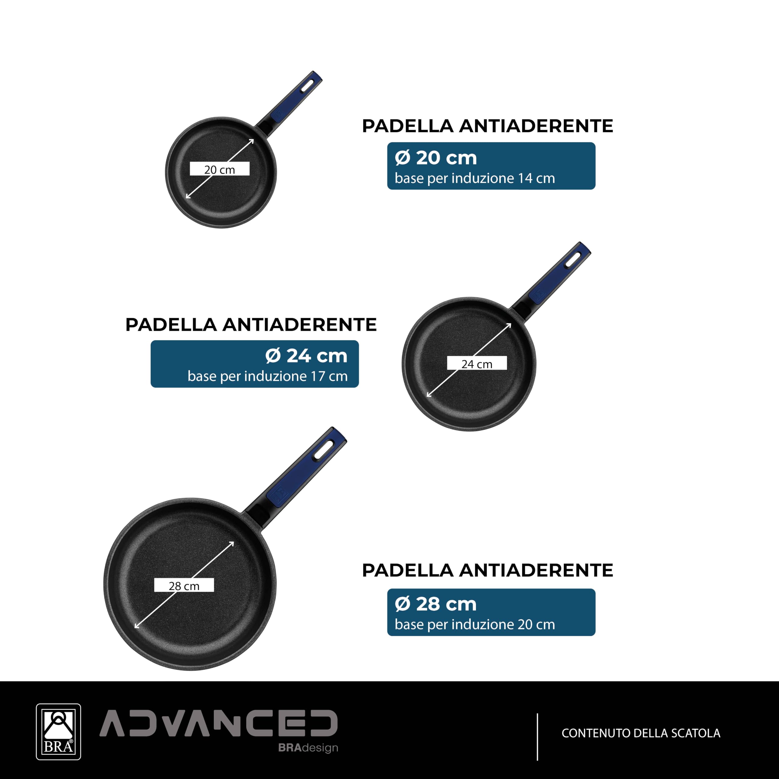 BRA Advanced | Set di 3 padelle 20, 24, 28 cm, Alluminio fuso, antiaderente | Senza PFOA, Rinforzato, Prestazioni Superiore e Resistenza ai Graffi, Adatta per Induzione