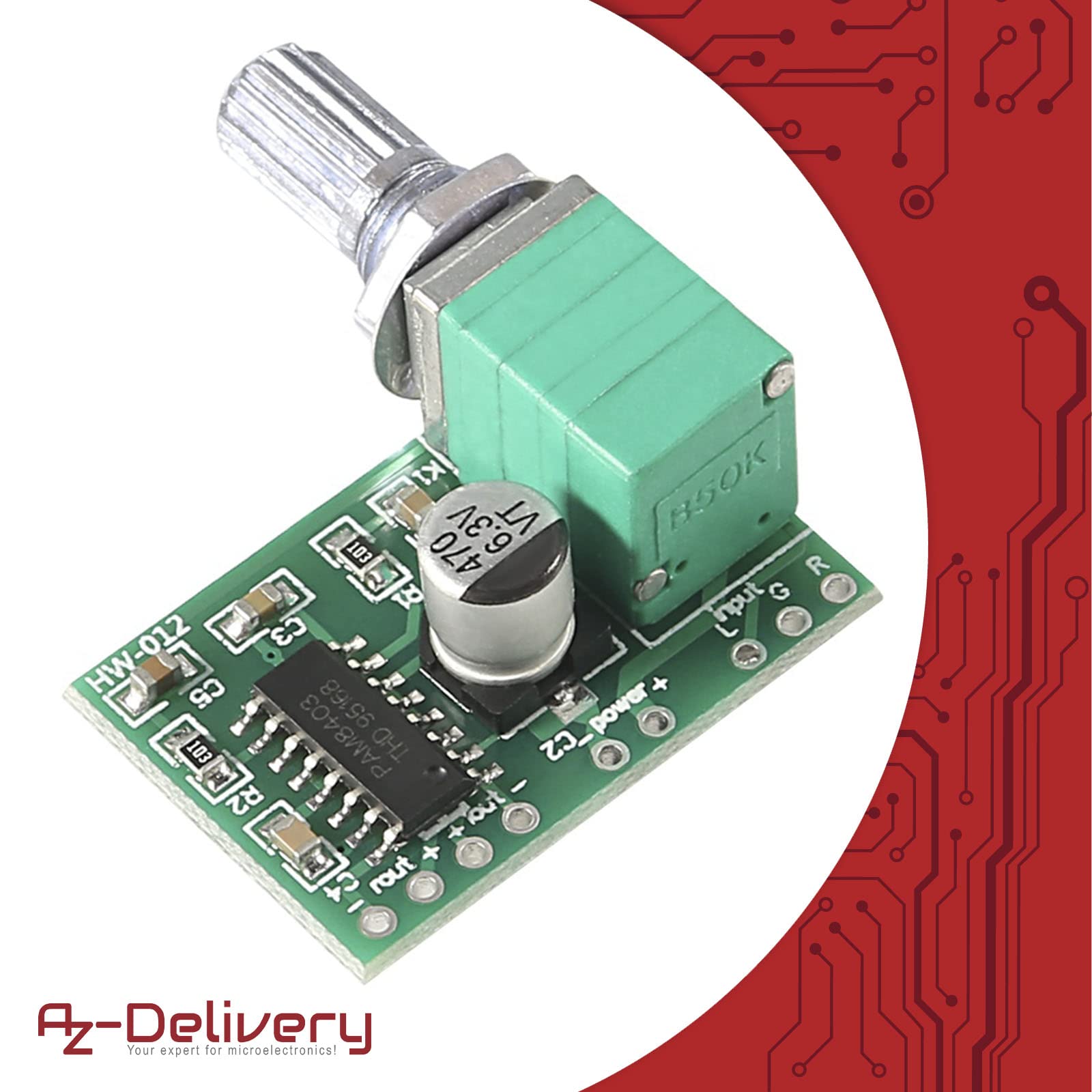 AZDelivery PAM8403 mini amplificatore stereo digitale 2x 3 Watt DC 5V scheda amplificatore di potenza con potenziometro per fai da te altoparlanti e cuffie incluso E-Book