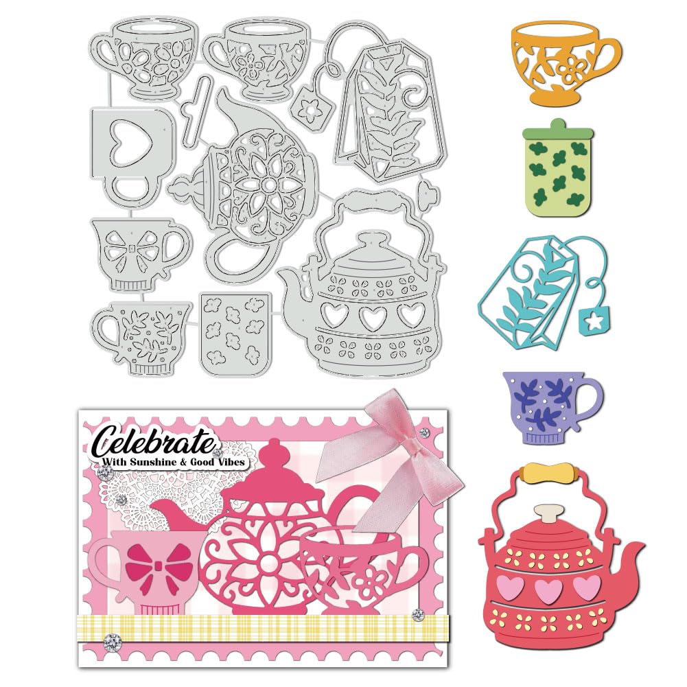 UNICRAFTALE 11Pcs Teapot Cup Set Metal Cutting Dies for Card Making Tea Cup with Flower Bowknot Heart Die Cuts Embossing Stencils Template for DIY Photo Album Card Craft Scrapbooking Decoration