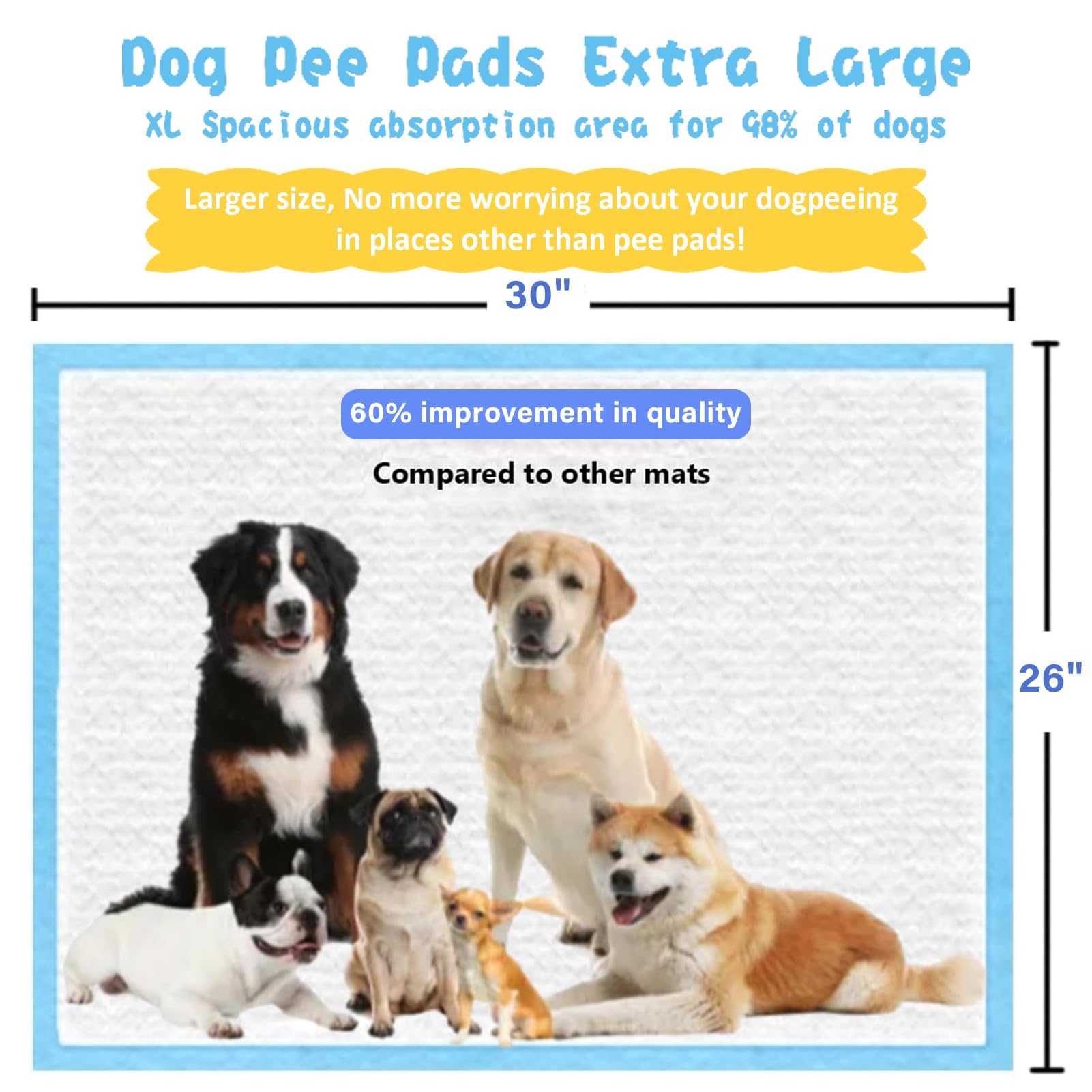 Almohadillas XL más gruesas para perros de 30 x 26 pulgadas, 60 unidades, almohadillas de entrenamiento extra grandes para mascotas, a prueba de fugas y súper absorbentes, almohadillas desechables de
