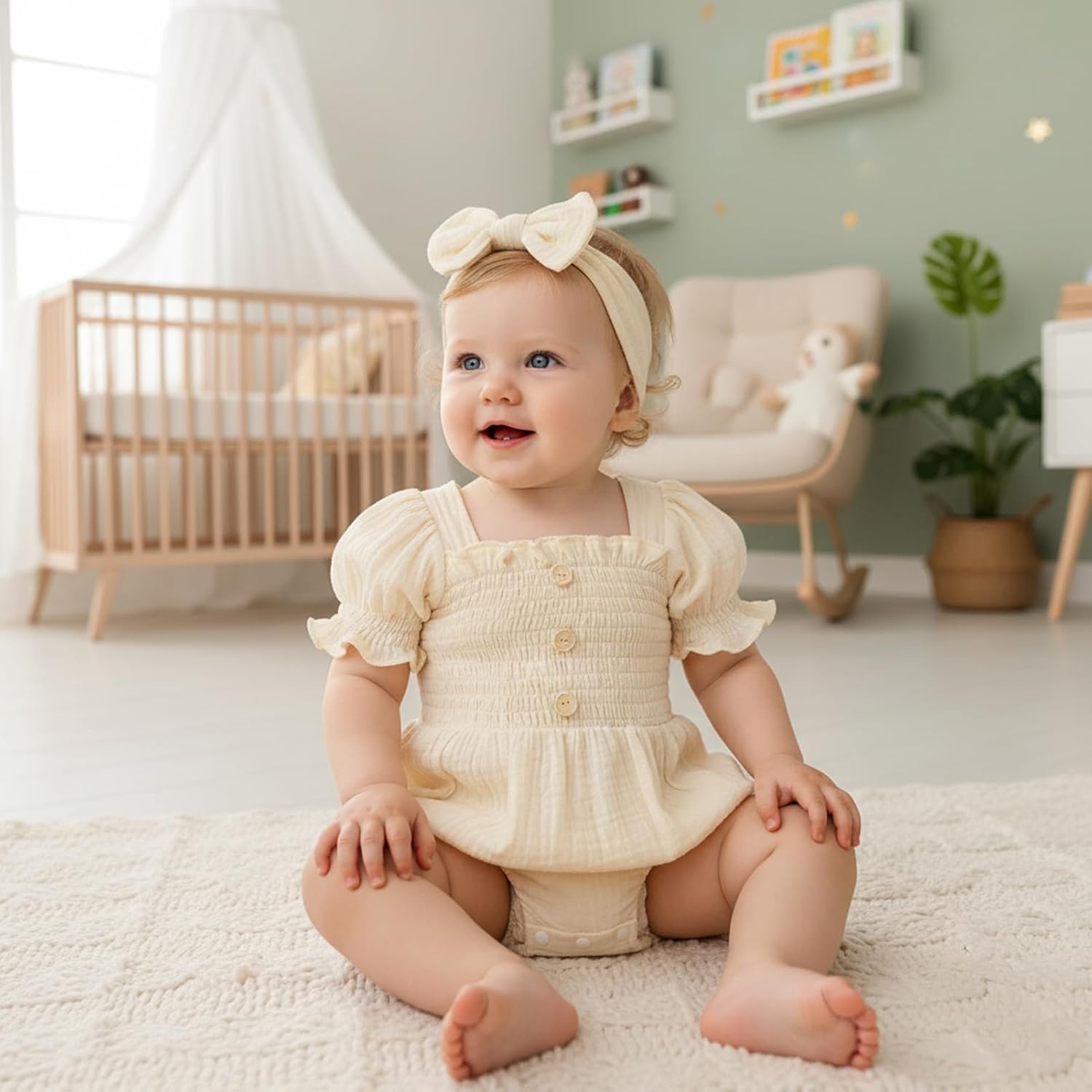 Baby Girl Romper Newborn Puff Sleeve Smocked Outfit with Headband for Infants Soft Cotton Photo Shoot